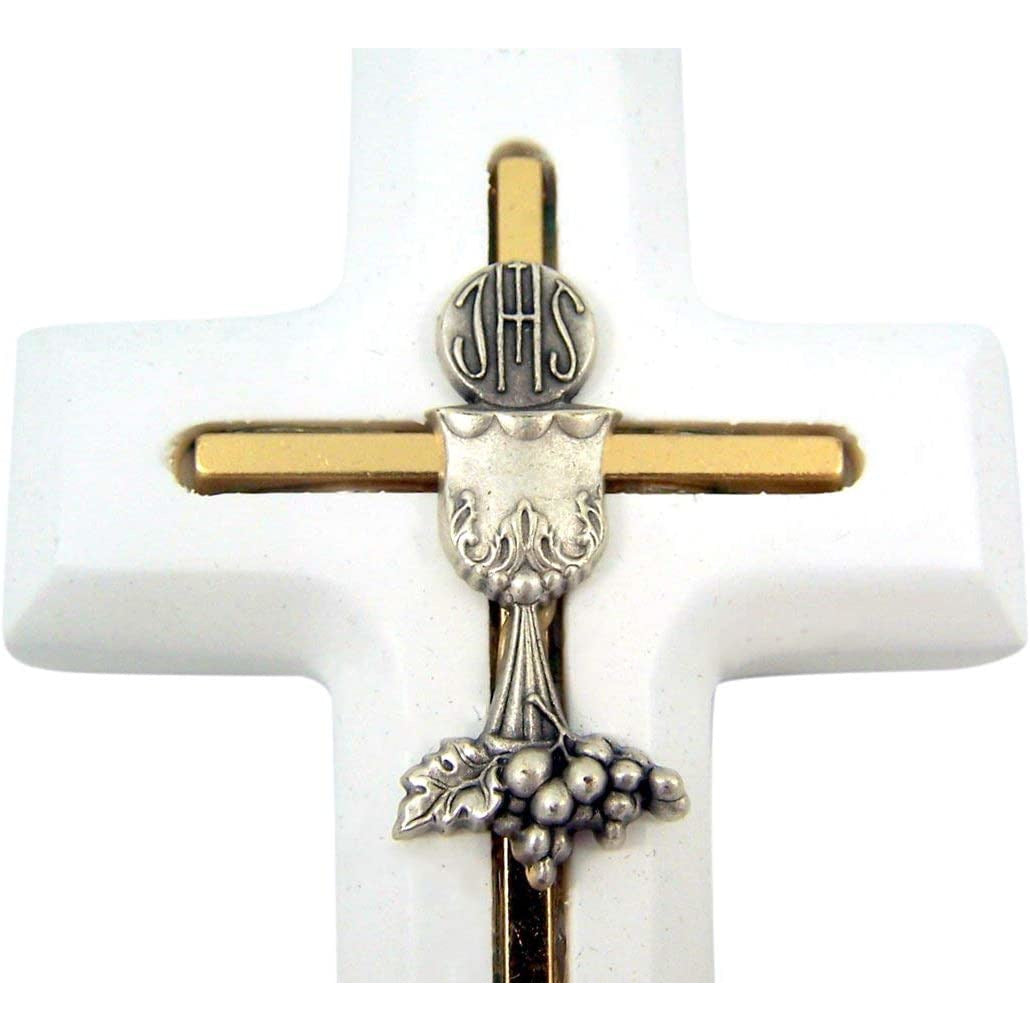 First Communion Cross Wooden with Inlay Chalice and Host, 5 Inch