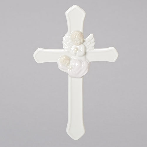 7.25" Valencia Girl Guardian Angel White Cross made of Porcelain for Baptism and New Born