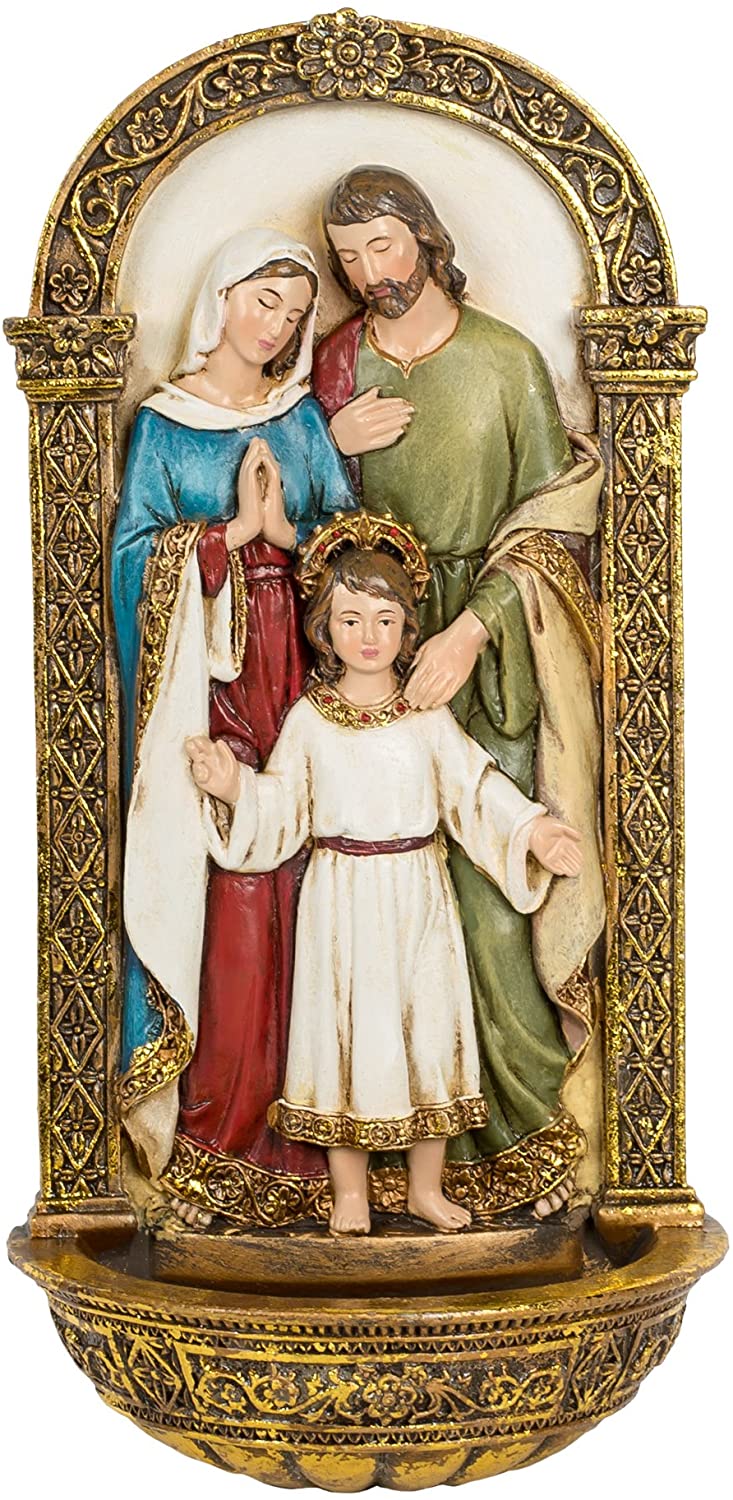 Holy Family Font Gold Filigree 8 x 4 Inch Decorative Hanging Wall Figurine