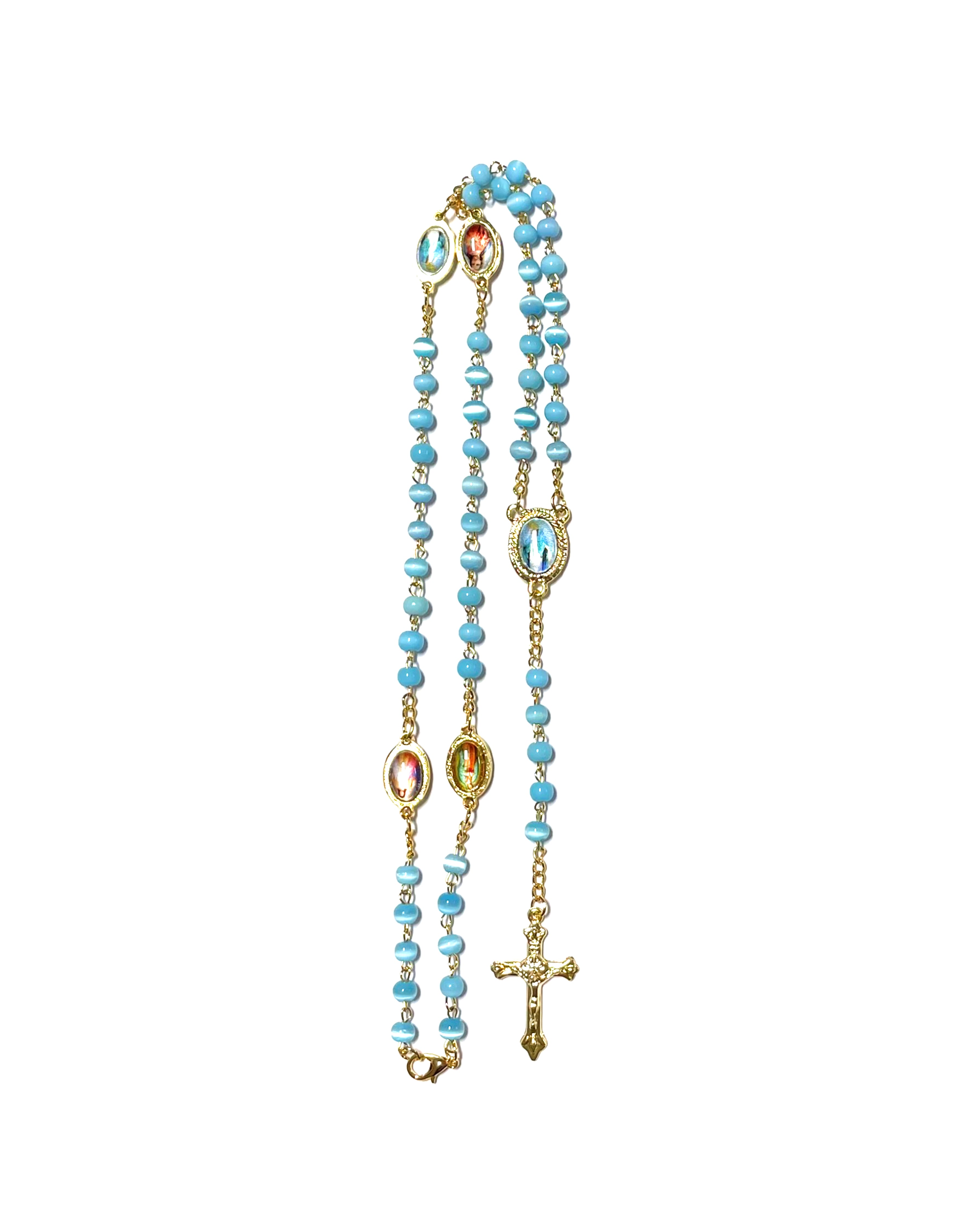 Cat's eye stone rosary with medals of various saints in each mystery
