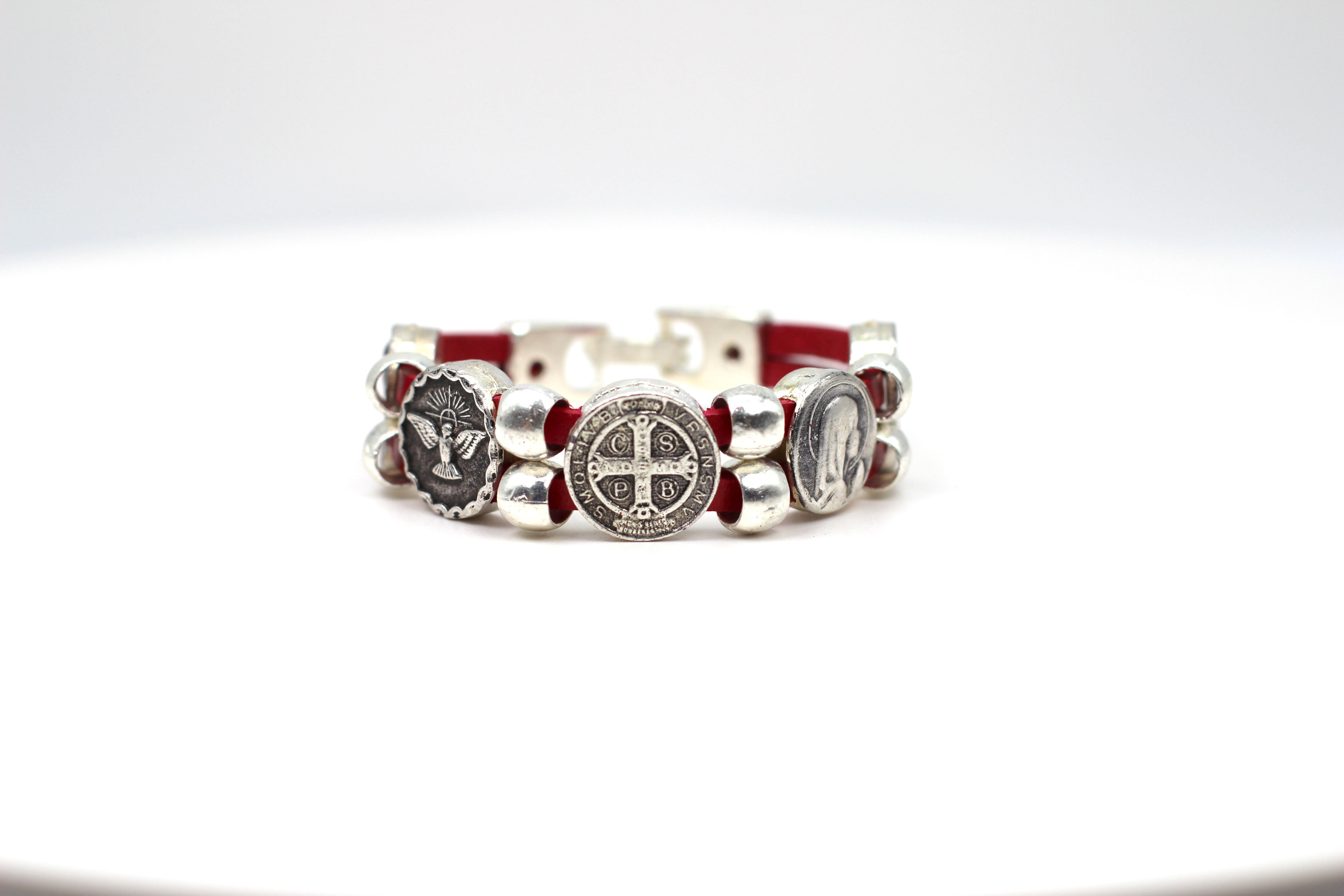 Vintage Bracelet with Double Leather Strap and Medals of The Virgen Mary, St. Benedict, Sacred Heart of Jesus, Guardian Angel, and Holy Spirit handmade jewelry by Graciela's Collection