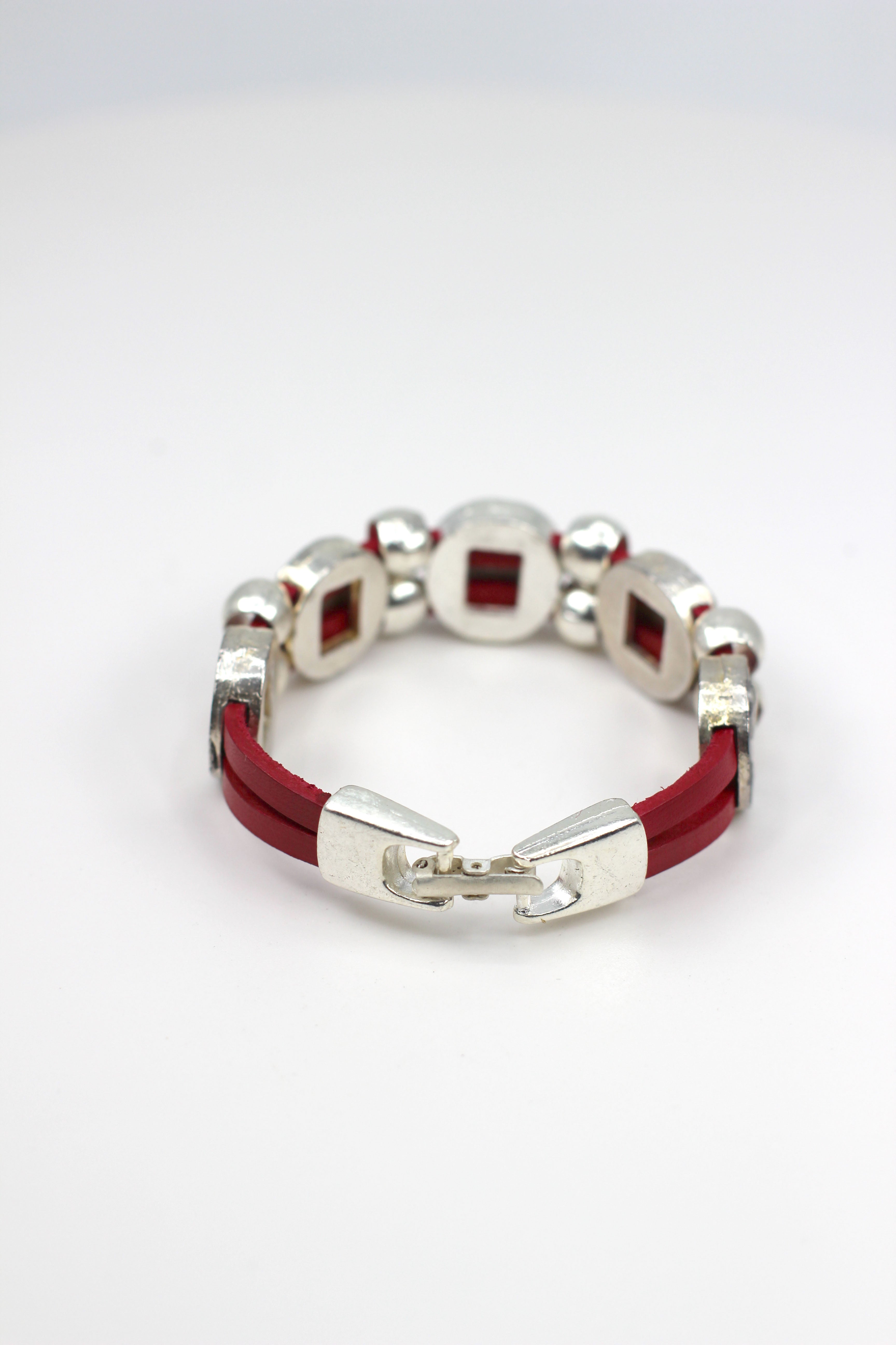 Vintage Bracelet with Double Leather Strap and Medals of The Virgen Mary, St. Benedict, Sacred Heart of Jesus, Guardian Angel, and Holy Spirit handmade jewelry by Graciela's Collection