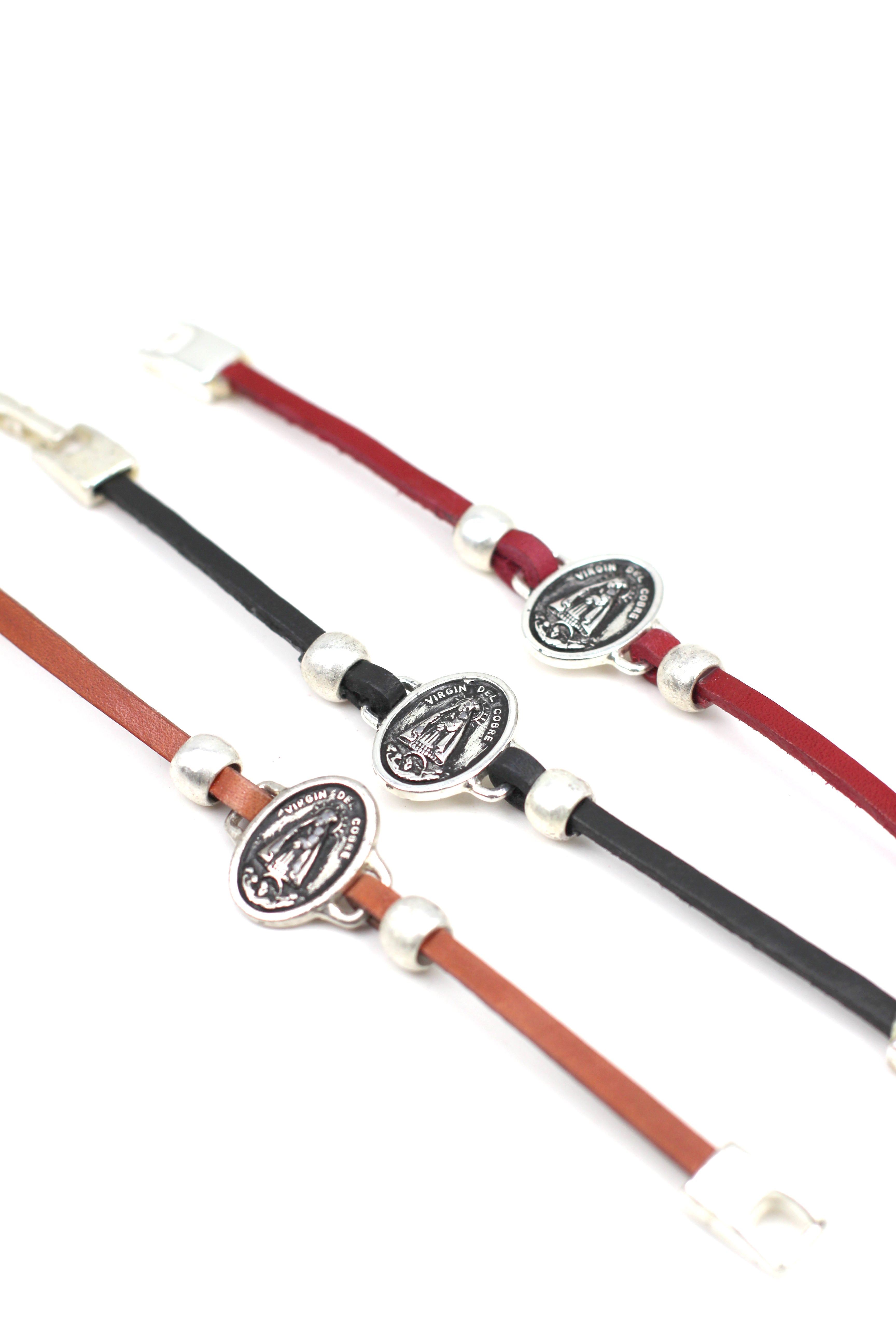 Bracelet of La Caridad del Cobre / Our Lady of Charity handmade jewelry with a Single Leather Strap by Graciela's Collection