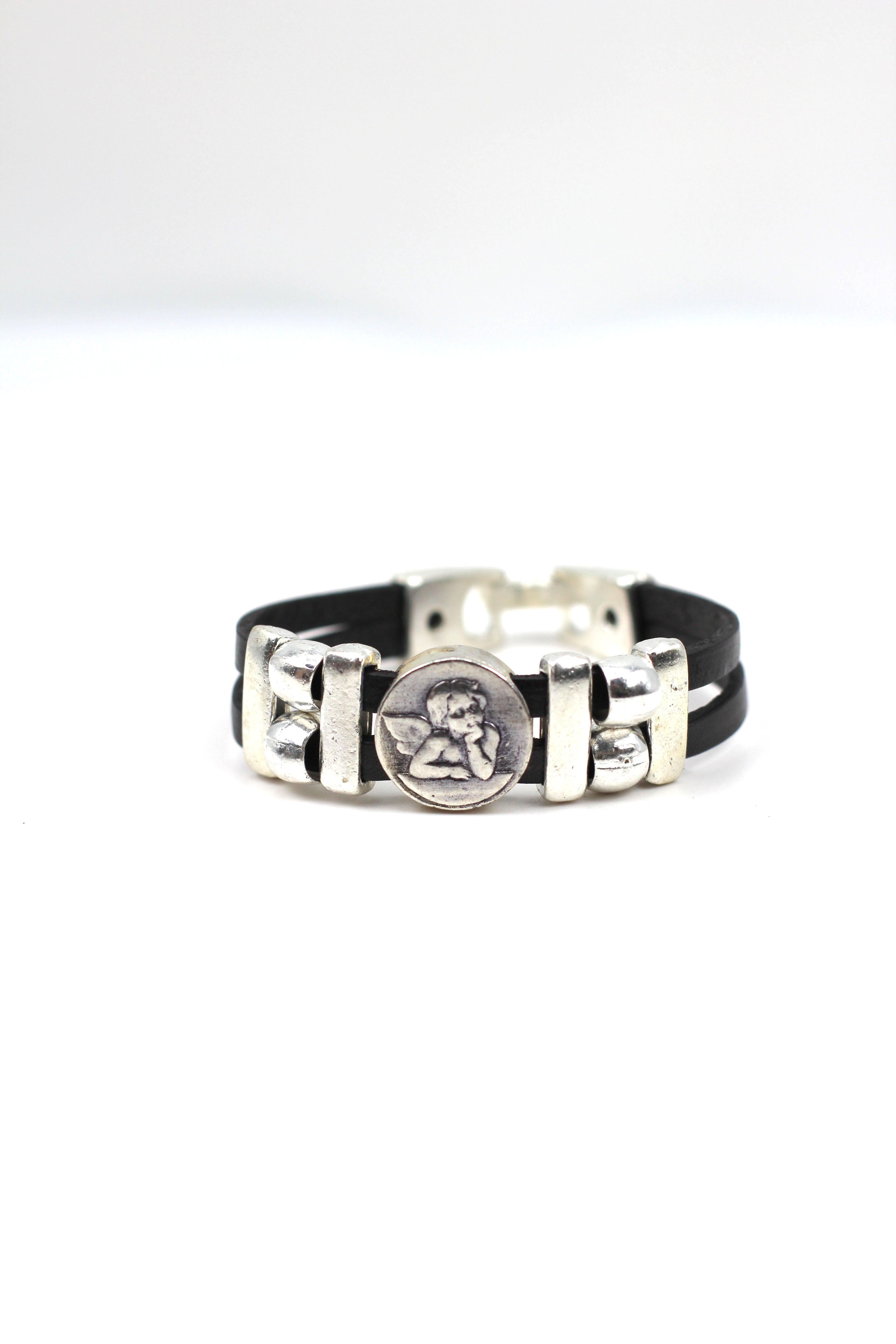 Bracelet of The Guardian Angel handmade jewelry with Double Leather Straps by Graciela's Collection