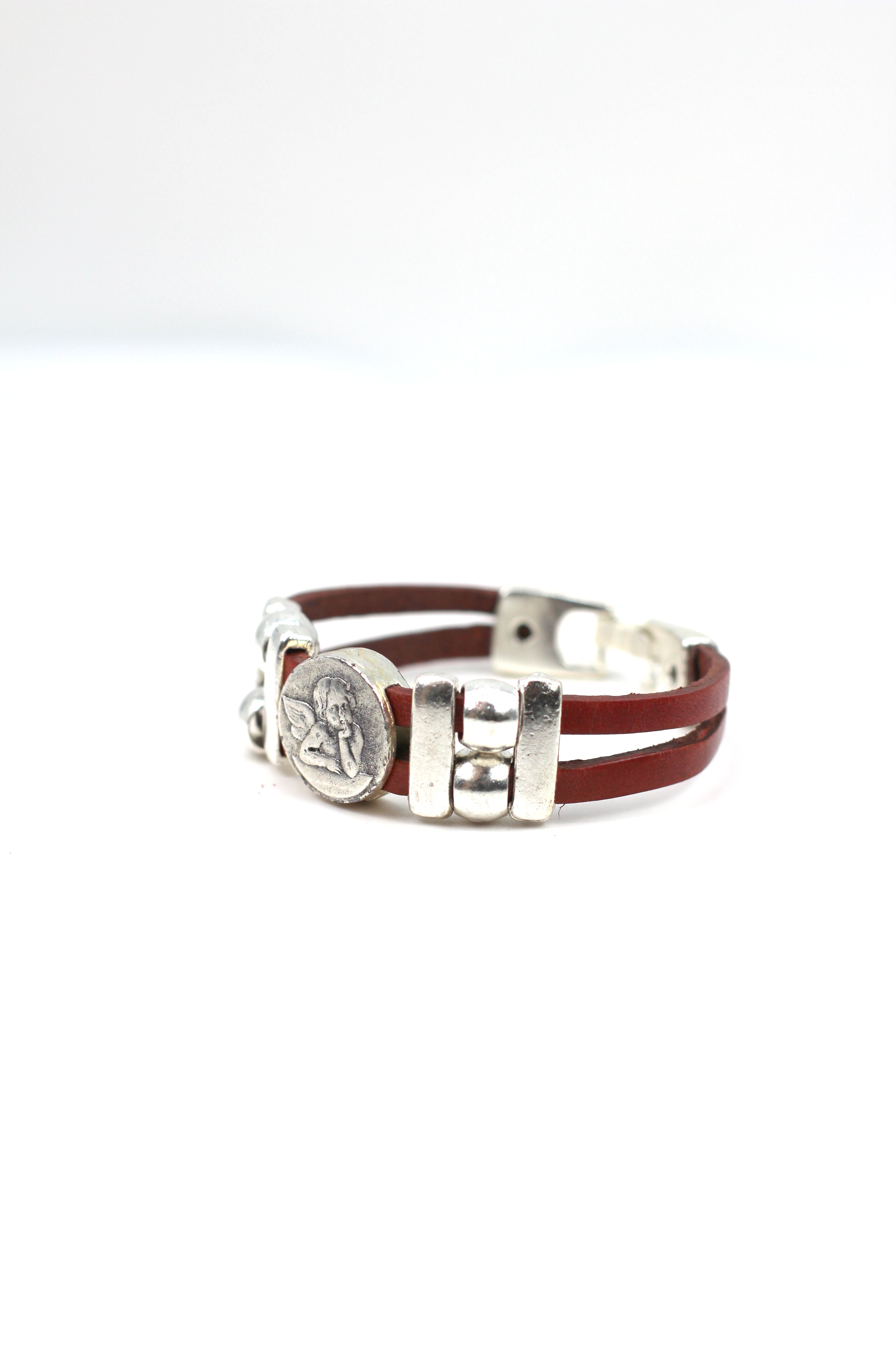 Bracelet of The Guardian Angel handmade jewelry with Double Leather Straps by Graciela's Collection