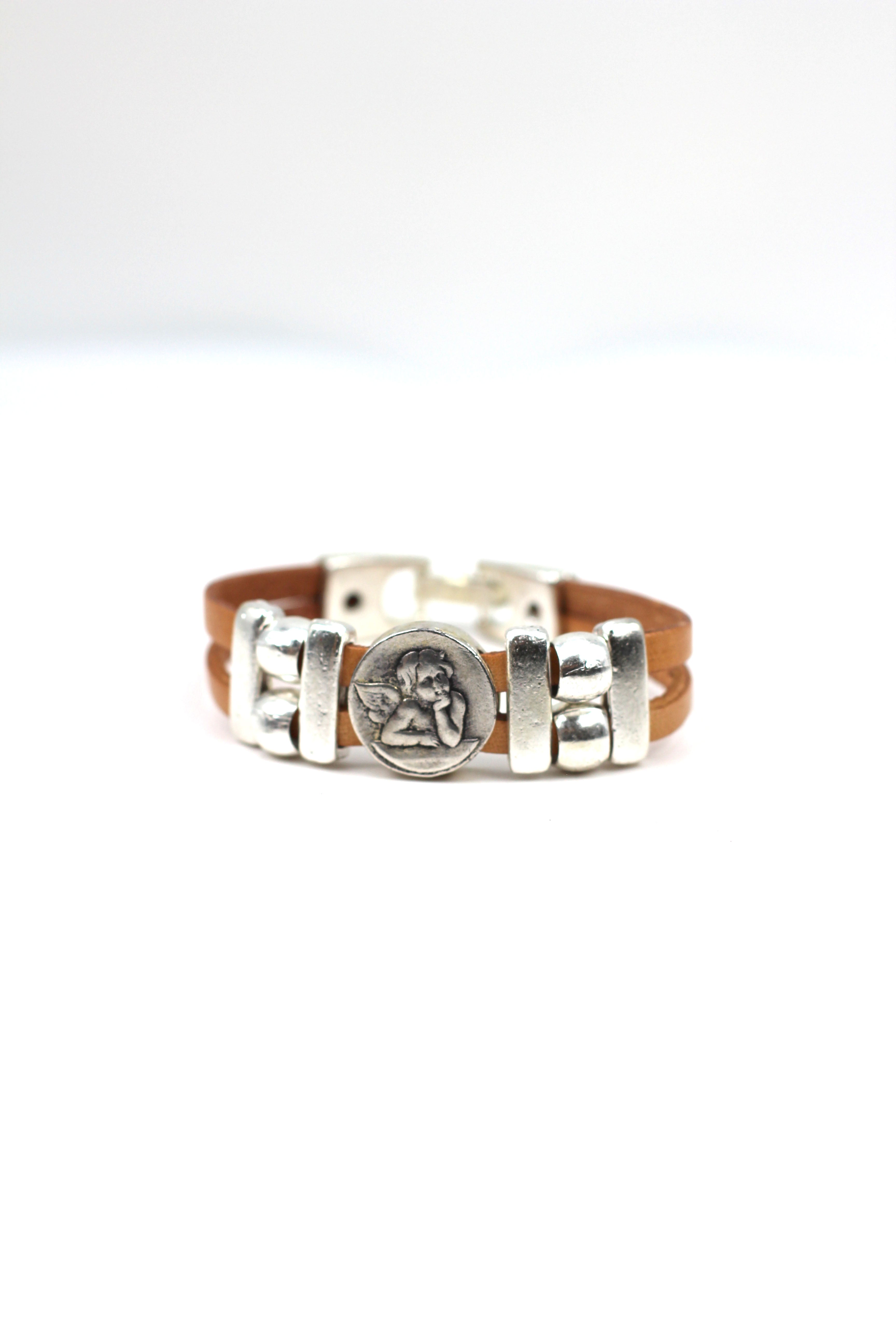 Bracelet of The Guardian Angel handmade jewelry with Double Leather Straps by Graciela's Collection