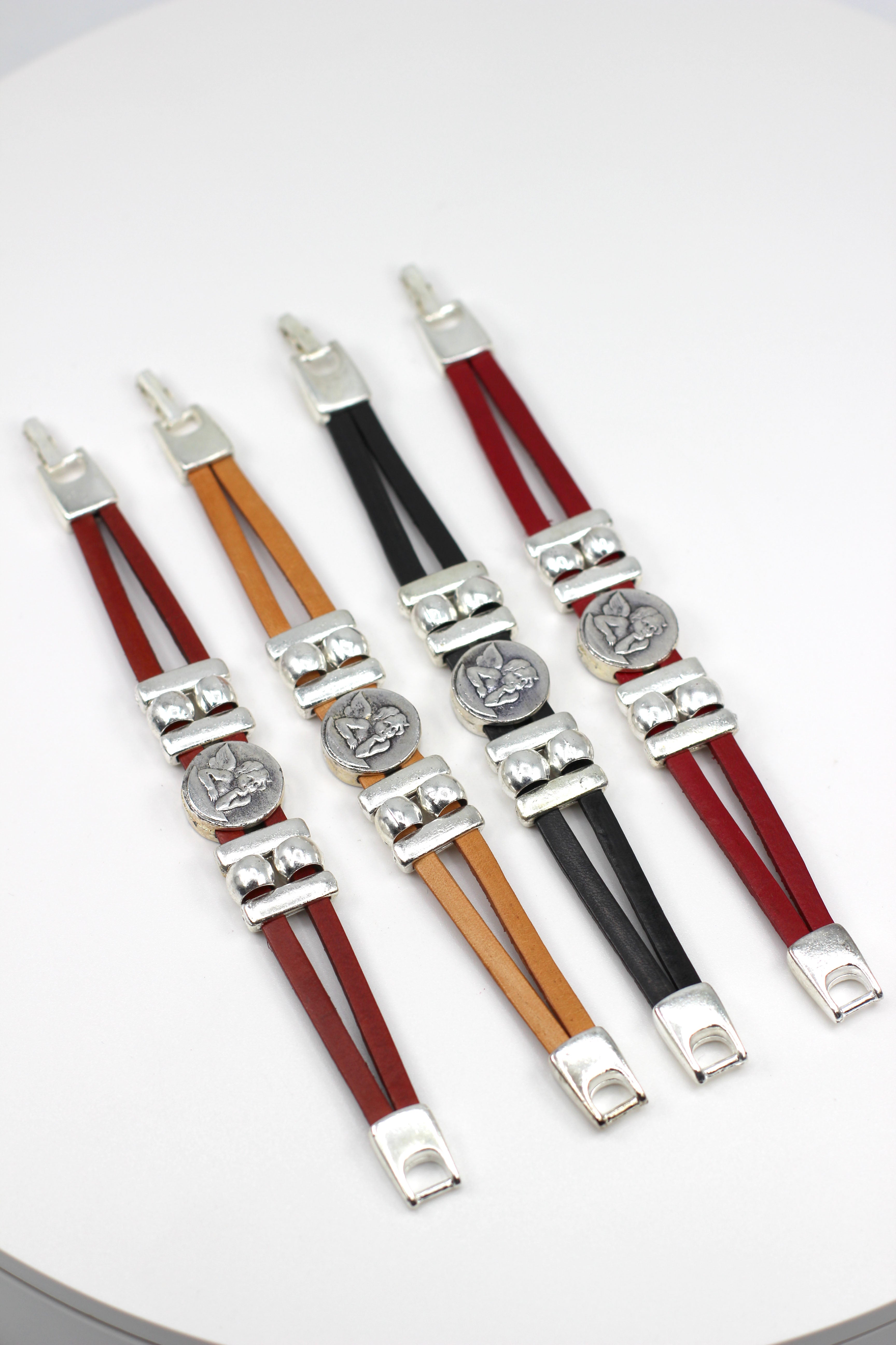 Bracelet of The Guardian Angel handmade jewelry with Double Leather Straps by Graciela's Collection