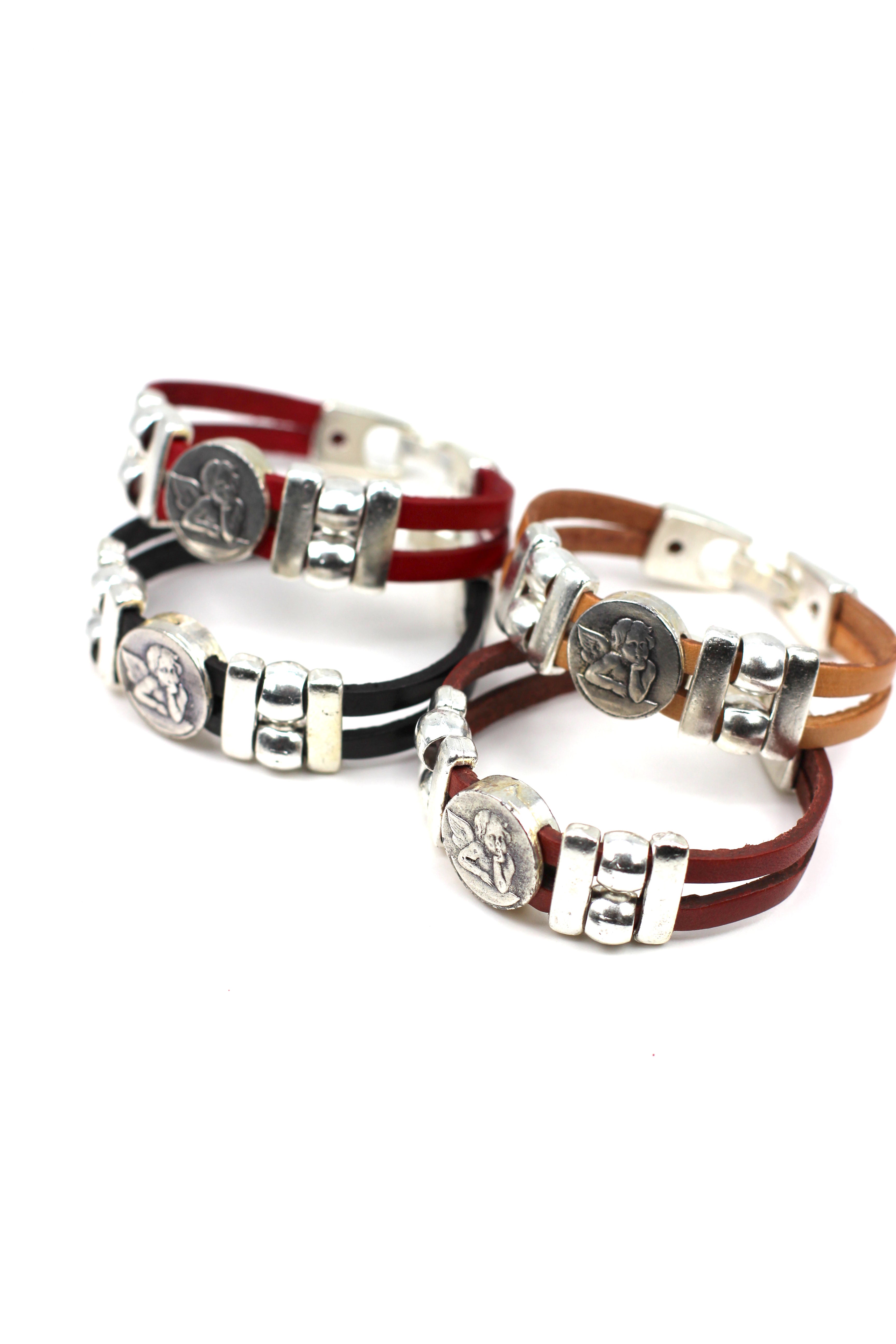 Bracelet of The Guardian Angel handmade jewelry with Double Leather Straps by Graciela's Collection