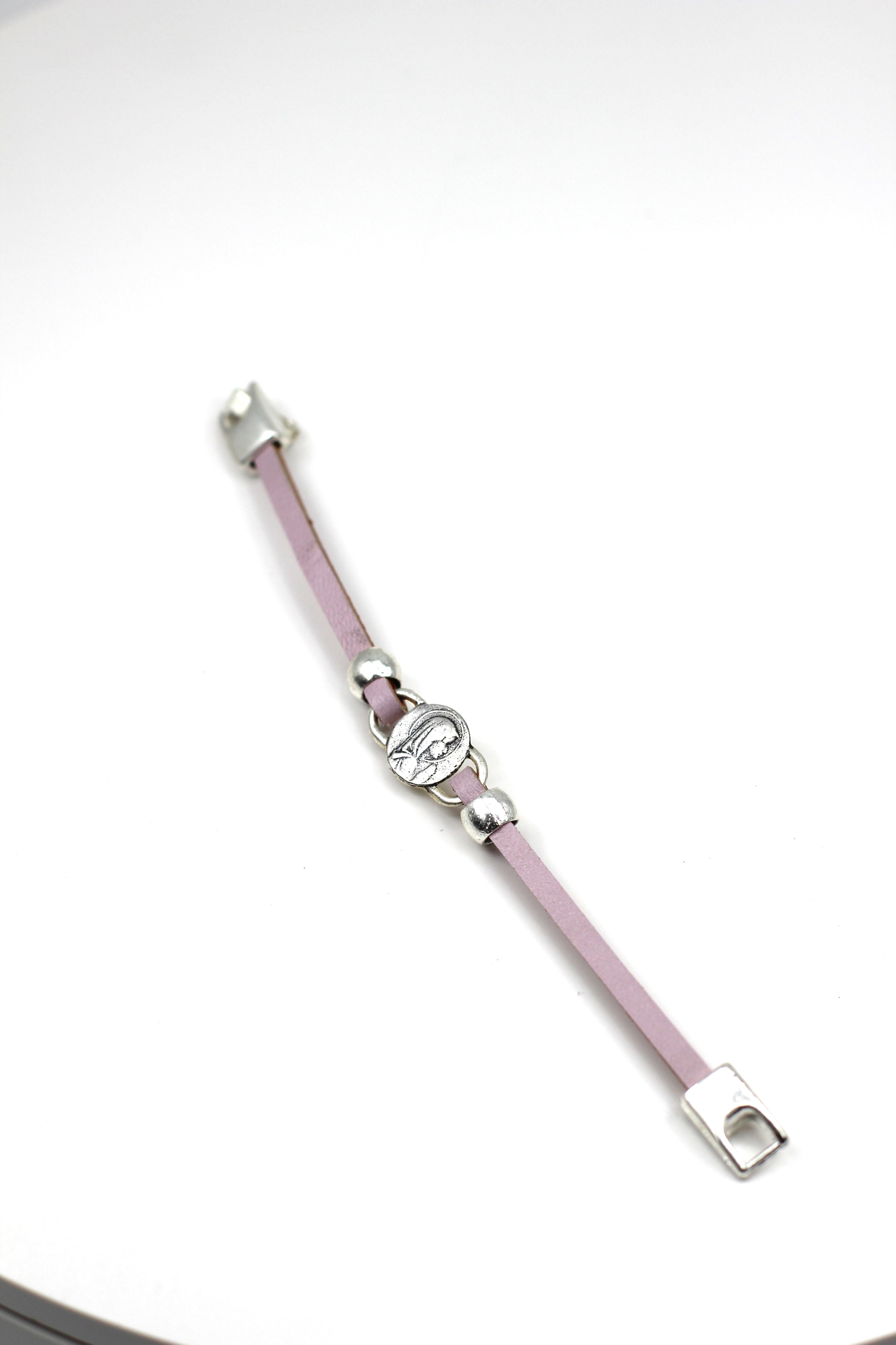 Girl Bracelet of Young Virgin Mary handmade jewelry with a Single Leather Strap by Graciela's Collection