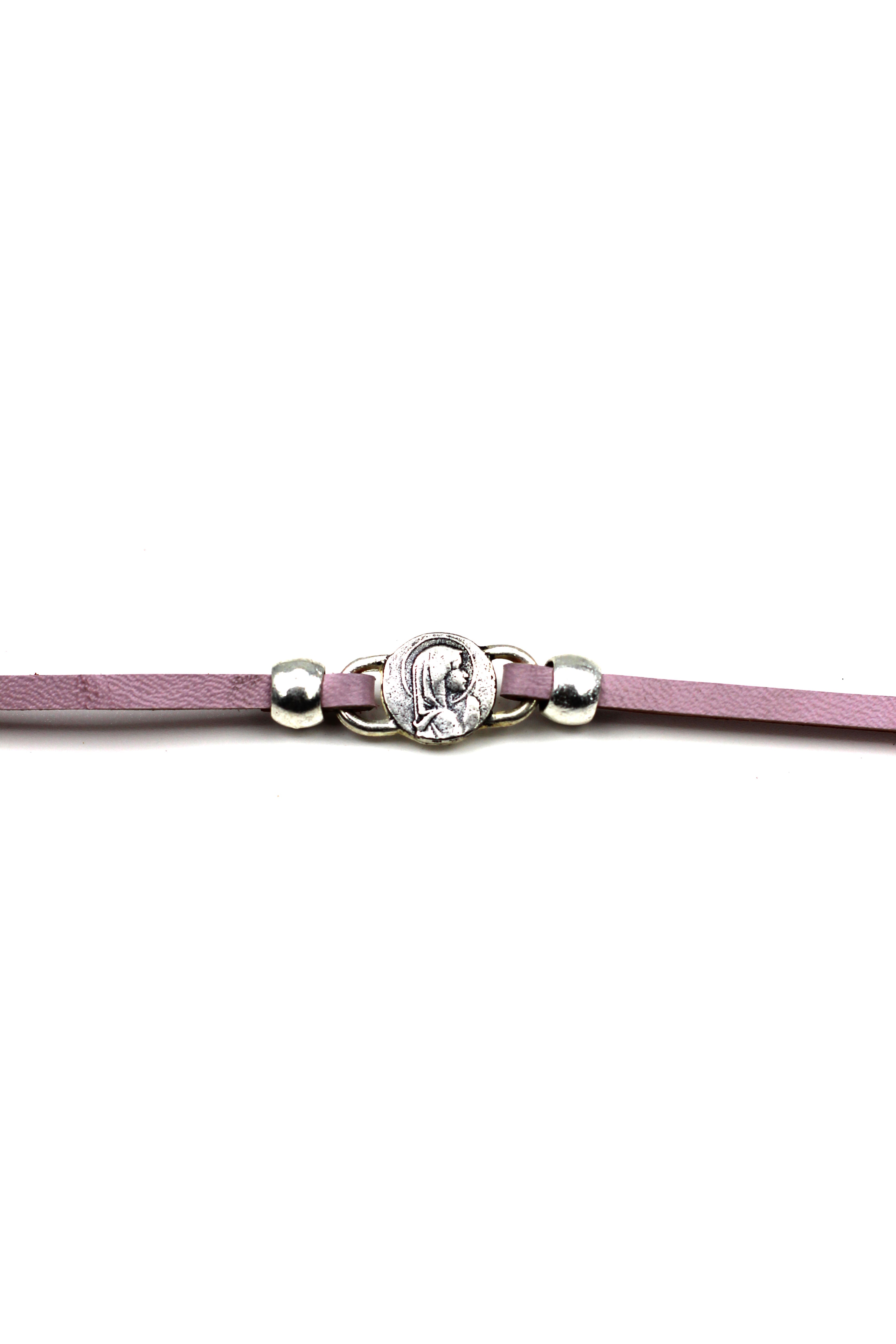 Girl Bracelet of  Young Virgin Mary  handmade jewelry with a Single Leather Strap by Graciela's Collection