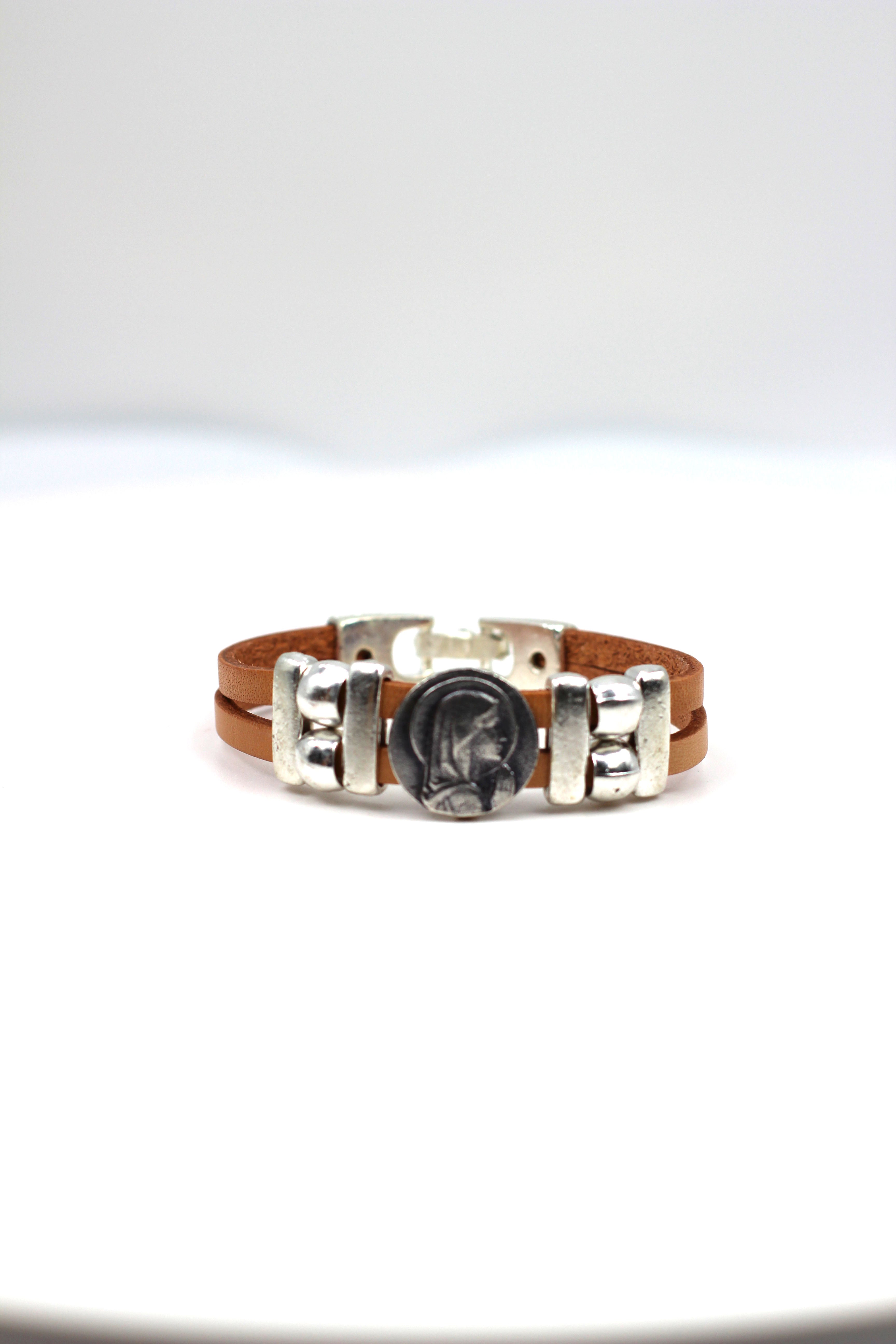 Vintage Virgen Mary bracelet handmade jewelry with Double Leather strap by Graciela's Collection