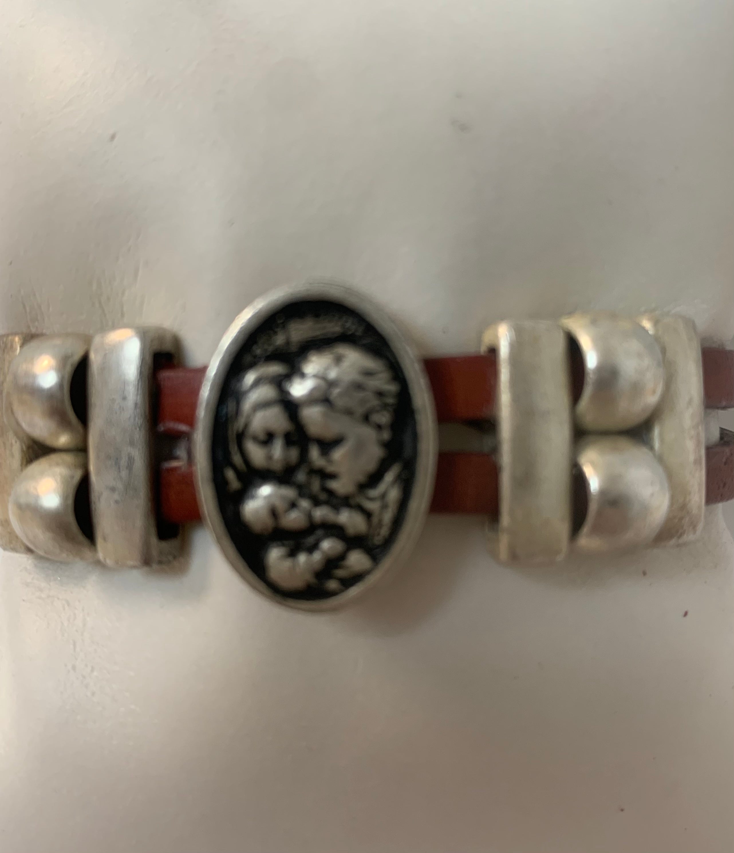 Bracelet of The Holy Family handmade jewelry with Double Leather Straps by Graciela's Collection