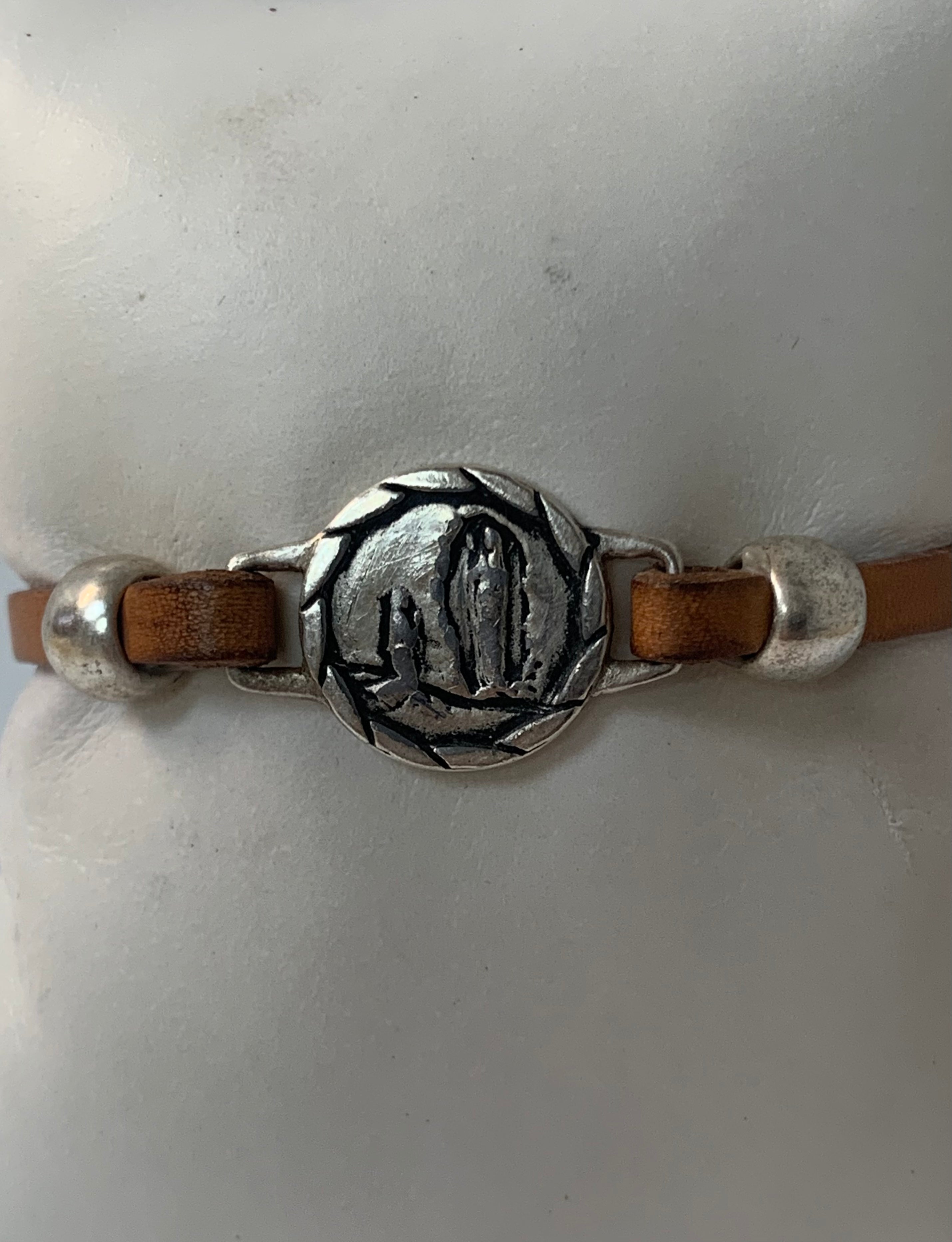 Bracelet of Our Lady of Lourdes handmade jewelry with Leather Straps by Graciela's Collection