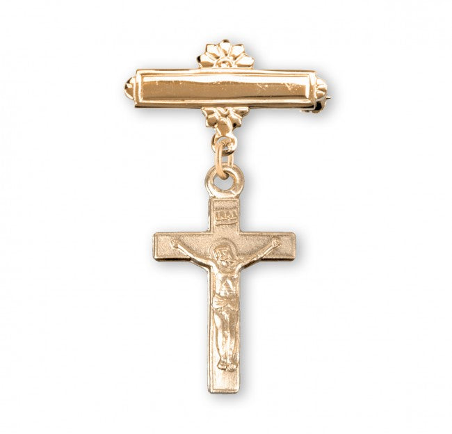 Gold Over Sterling Silver Baby Crucifix on a Bar Pin
