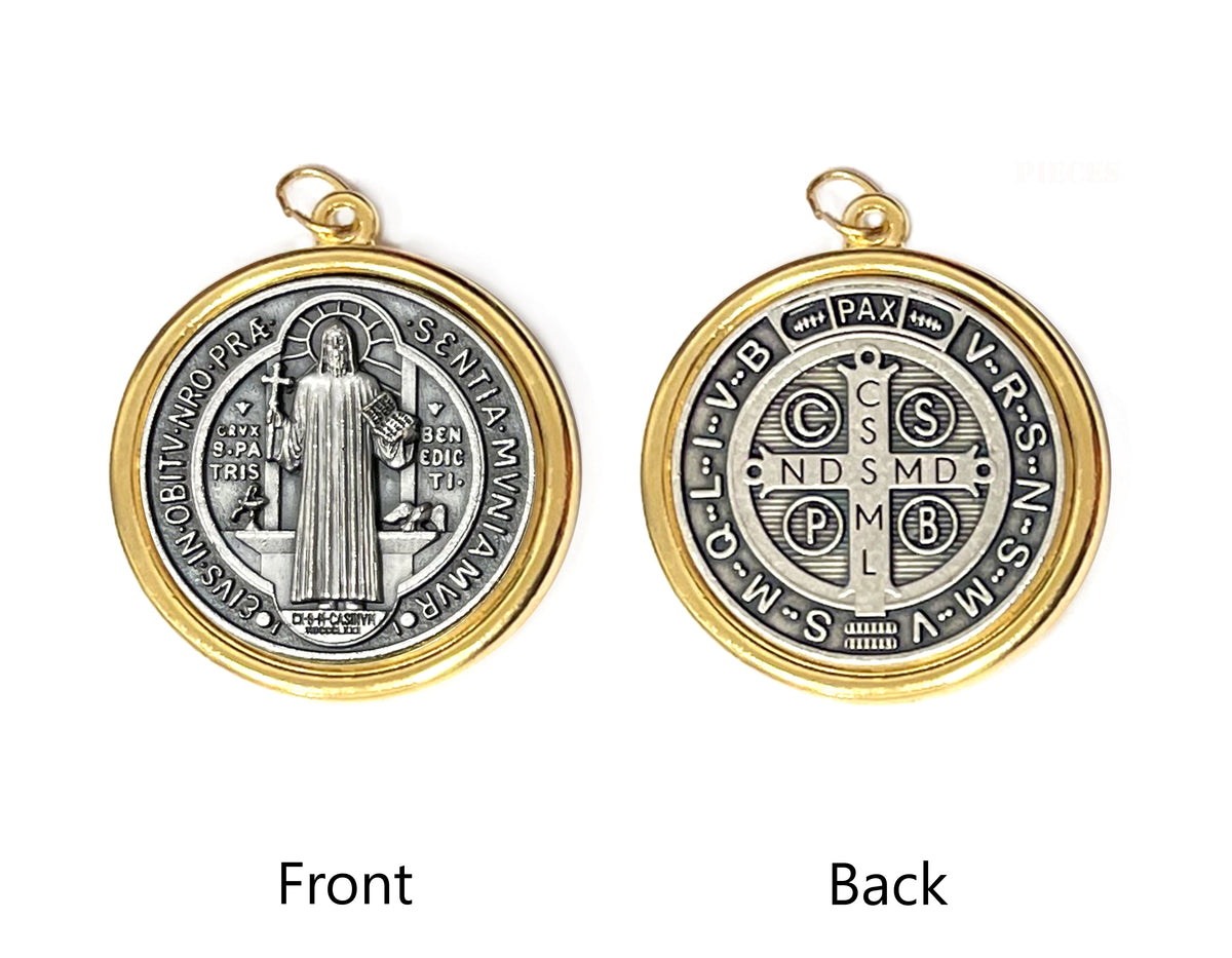 Saint Benedict medal in gold and silver tone, made in Italy – 1.5"