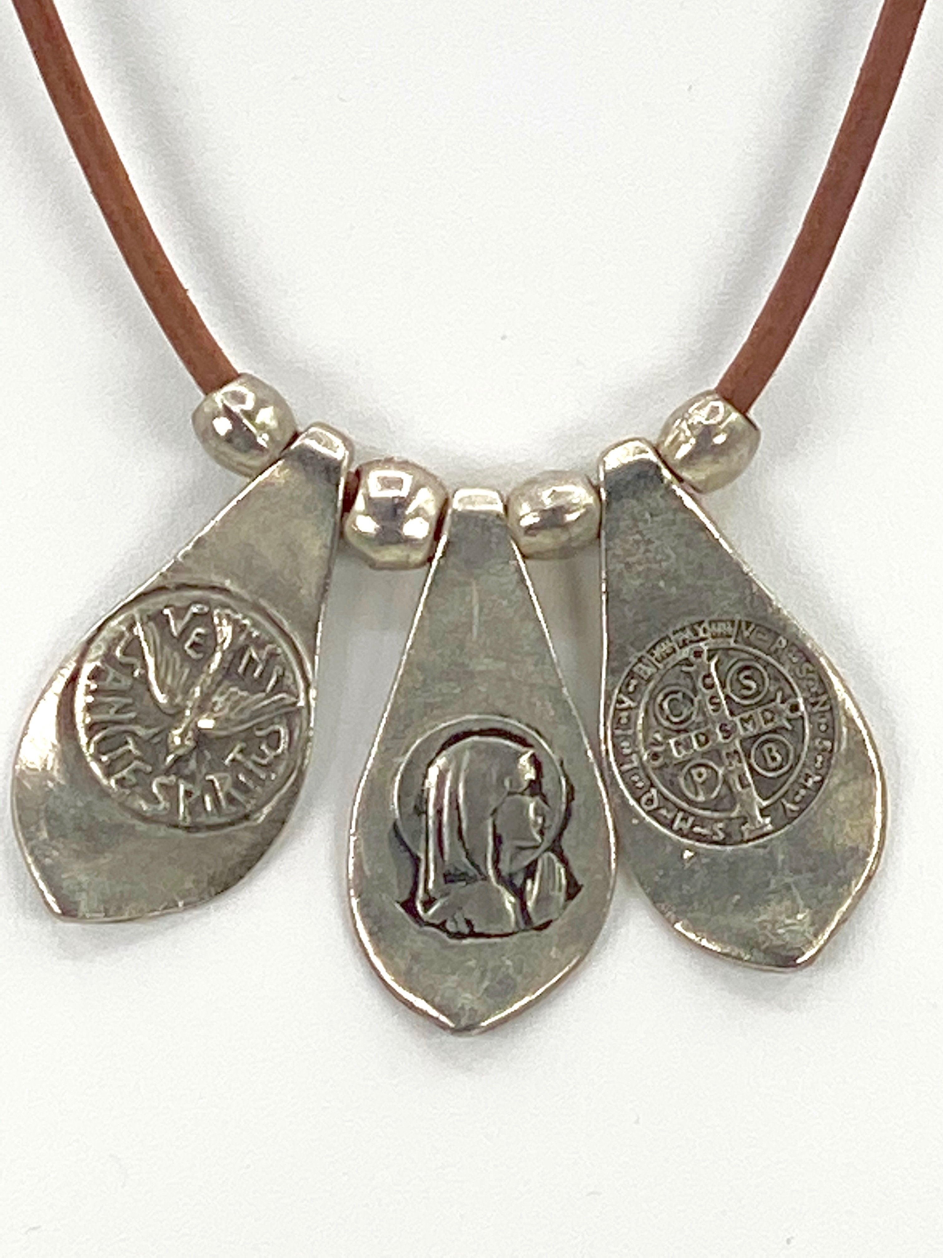 Vintage Necklace of The Virgin Mary, St Benedict, and the Holy Spirit. Handmade Jewelry by Graciela's Collection