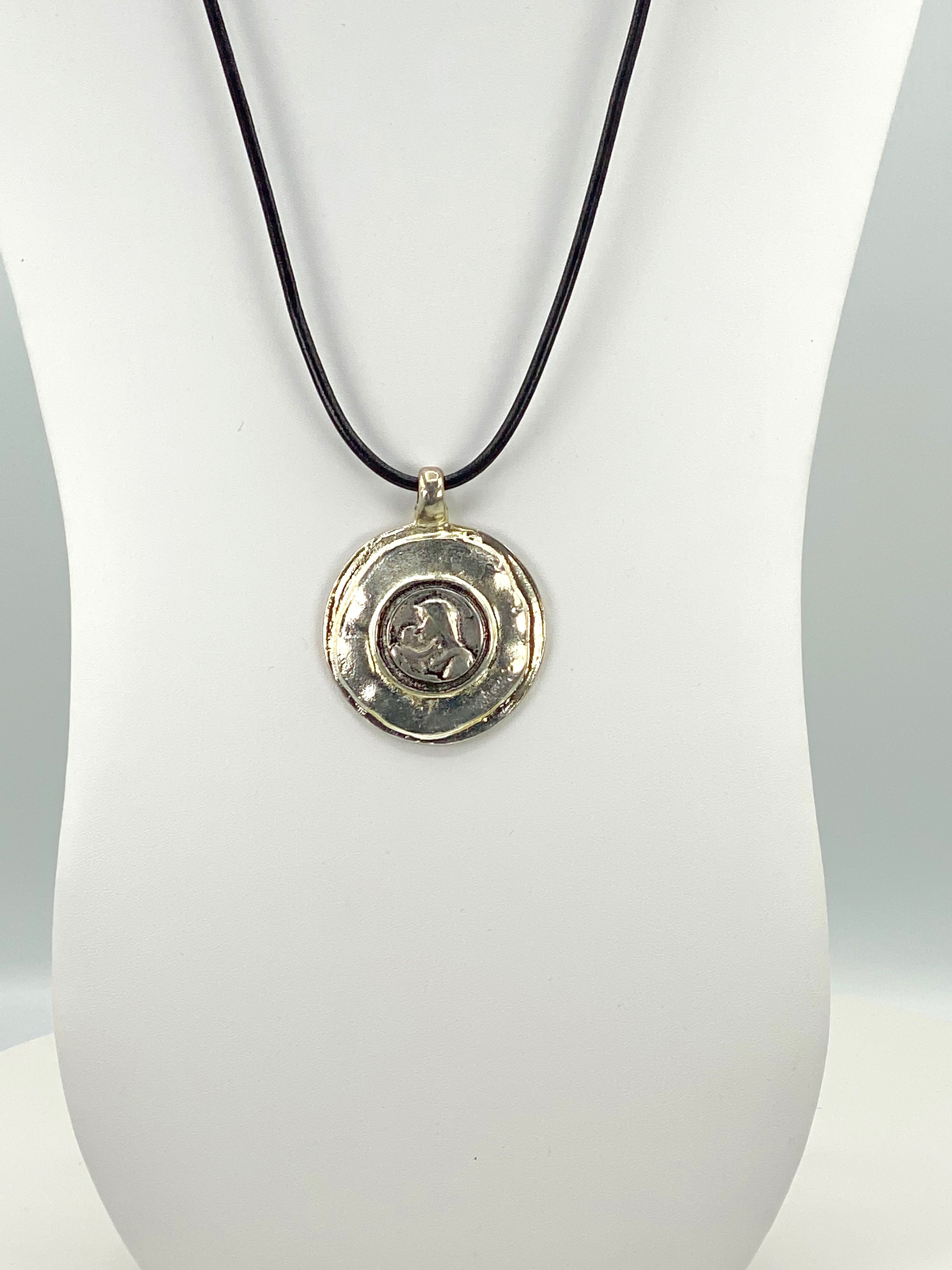 Vintage The Madonna and Child Jesus Medallion Necklace Handmade Jewelry with Genuine Leather Strap by Graciela's Collection