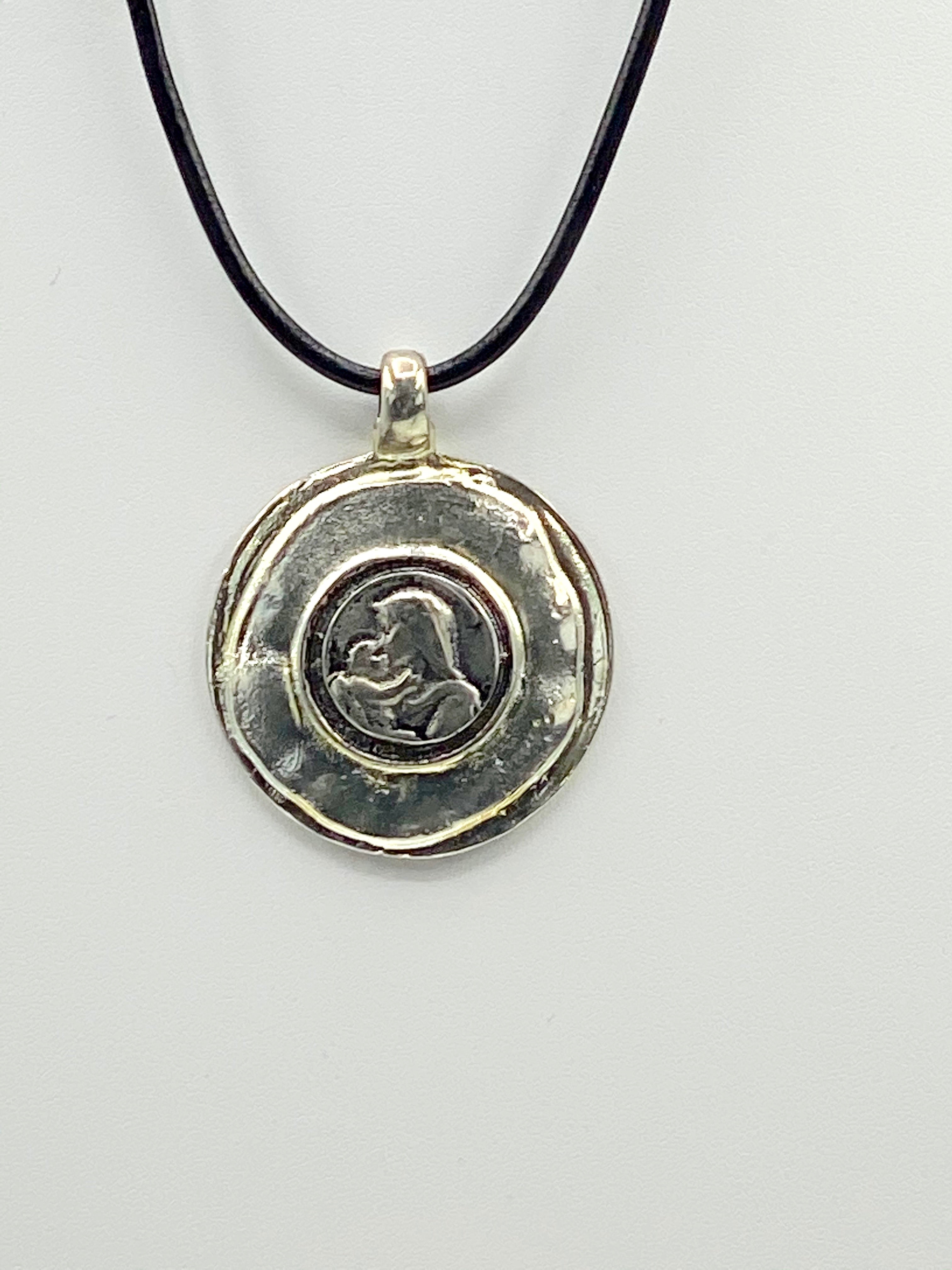 Vintage The Madonna and Child Jesus Medallion Necklace Handmade Jewelry with Genuine Leather Strap by Graciela's Collection