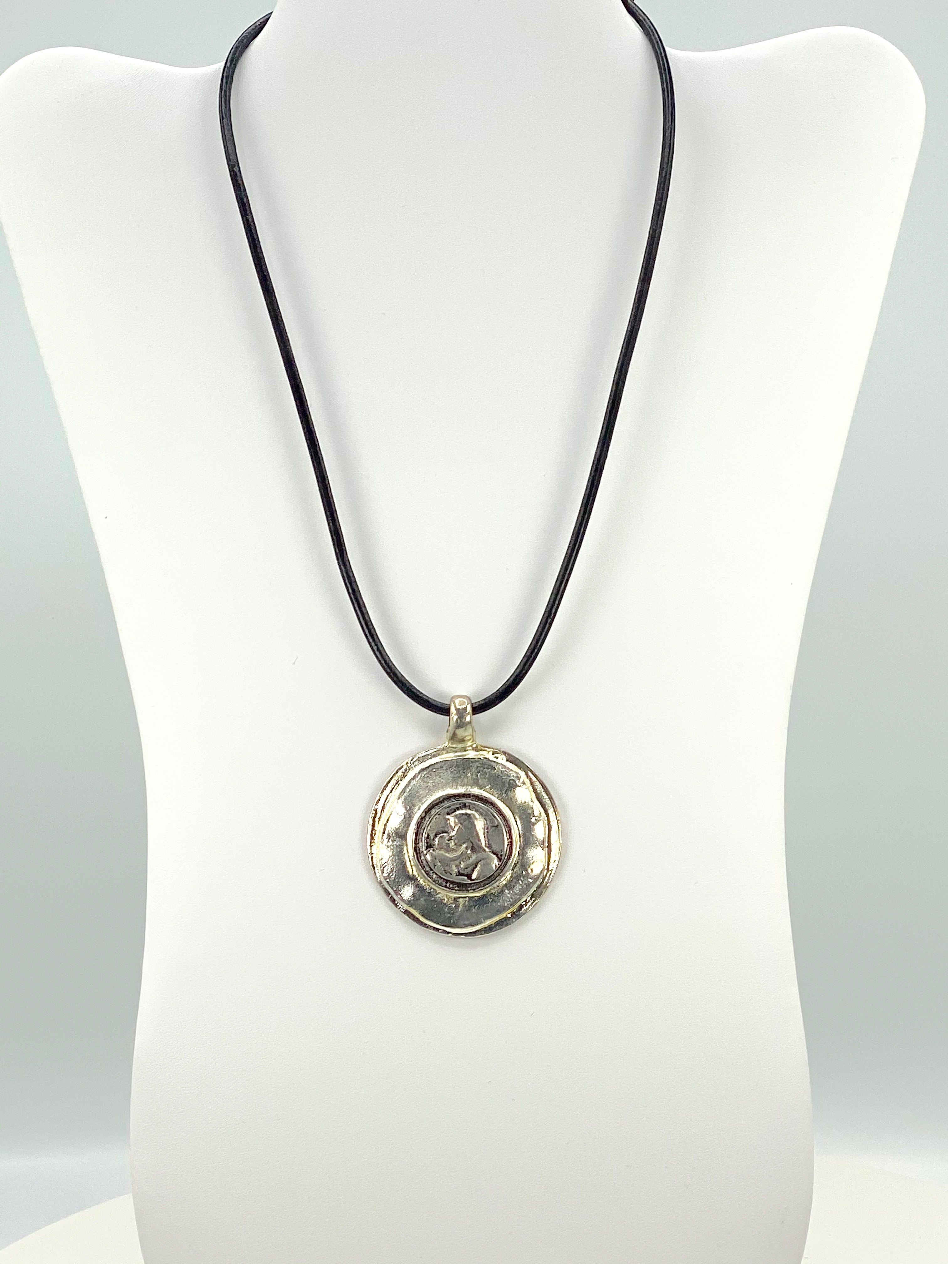 Vintage The Madonna and Child Jesus Medallion Necklace Handmade Jewelry with Genuine Leather Strap by Graciela's Collection