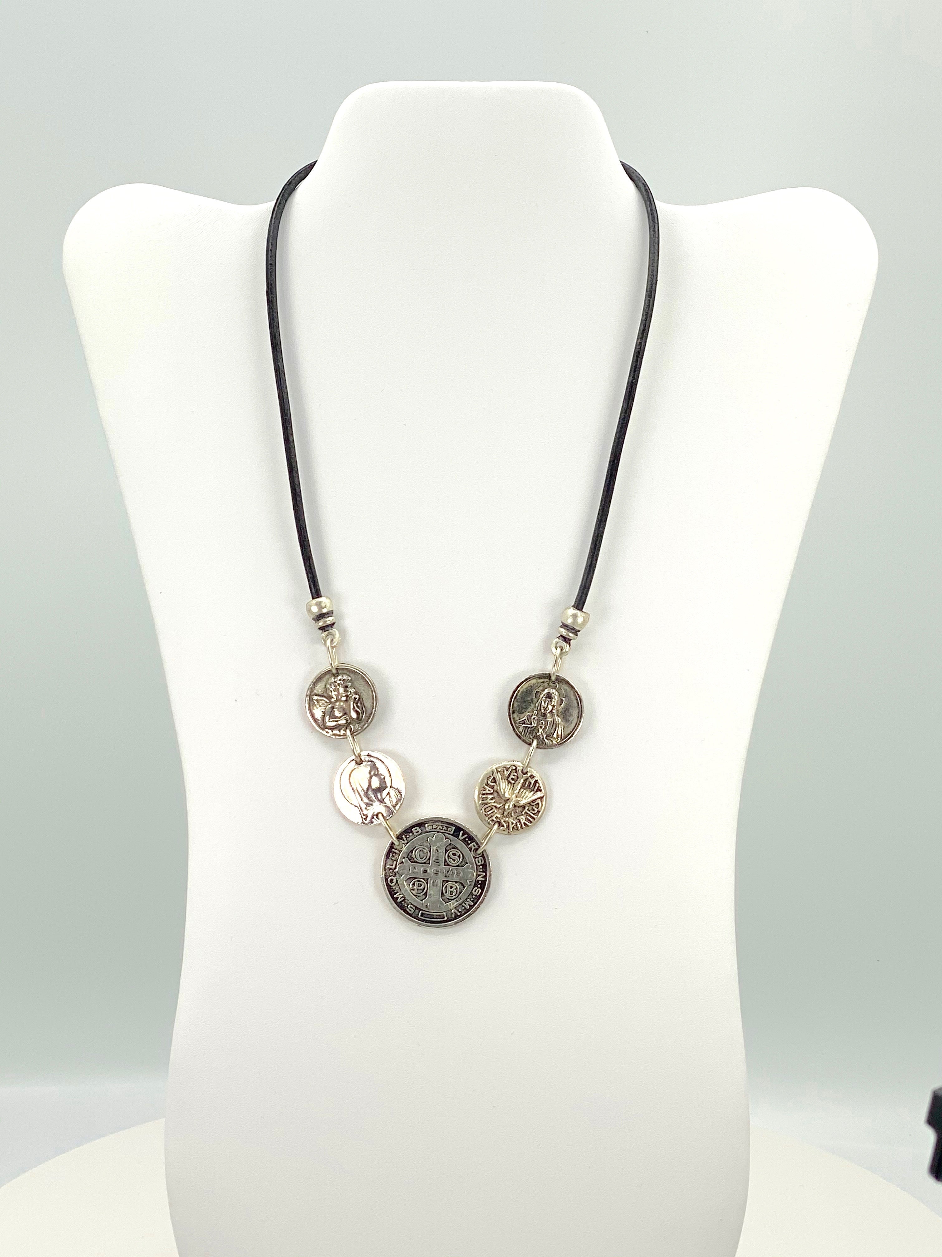 Vintage Necklace of St. Benedict, Virgin Mary, Sacred Heart of Jesus, Holy Spirit and Guardian Angel - Handmade Jewelry with Genuine Leather Strap by Graciela's Collection