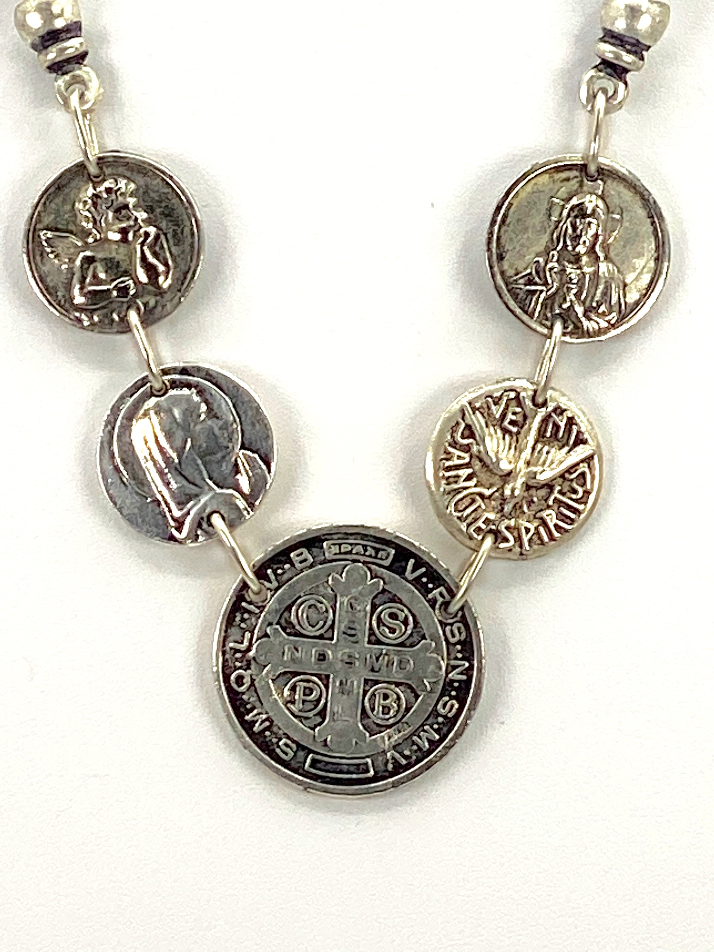 Vintage Necklace of St. Benedict, Virgin Mary, Sacred Heart of Jesus, Holy Spirit and Guardian Angel - Handmade Jewelry with Genuine Leather Strap by Graciela's Collection