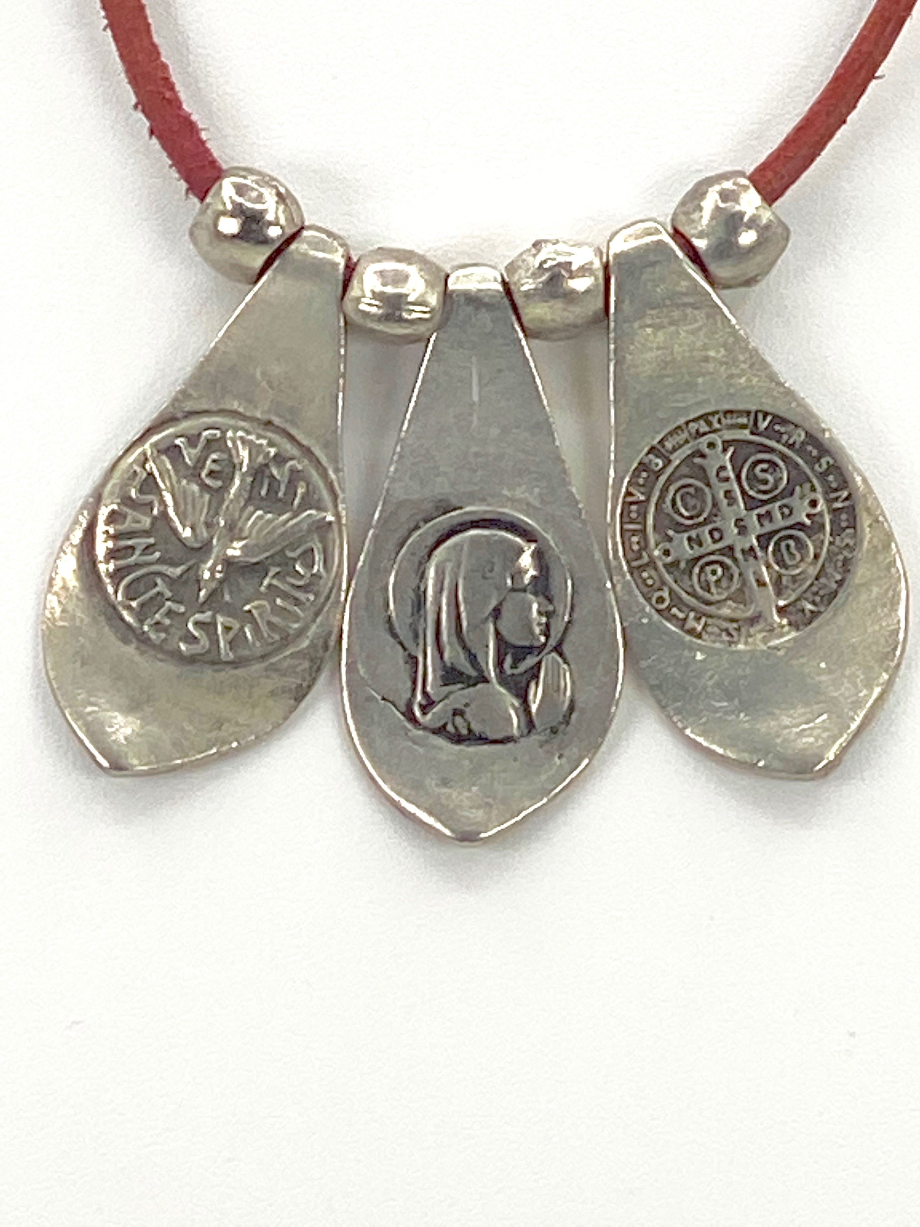 Vintage Necklace of The Virgin Mary, St Benedict, and the Holy Spirit. Handmade Jewelry by Graciela's Collection