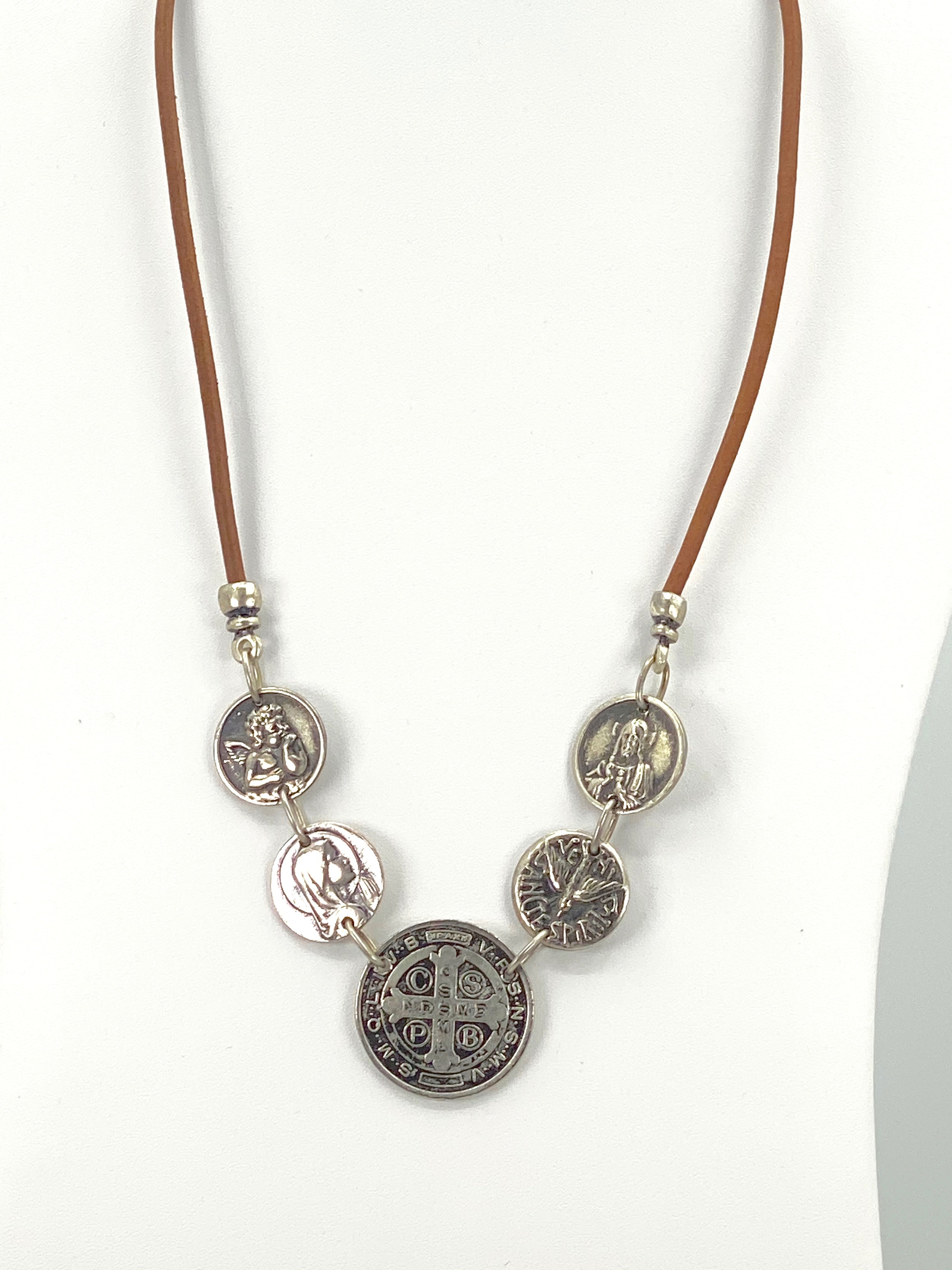 Vintage Necklace of St. Benedict, Virgin Mary, Sacred Heart of Jesus, Holy Spirit and Guardian Angel - Handmade Jewelry with Genuine Leather Strap by Graciela's Collection