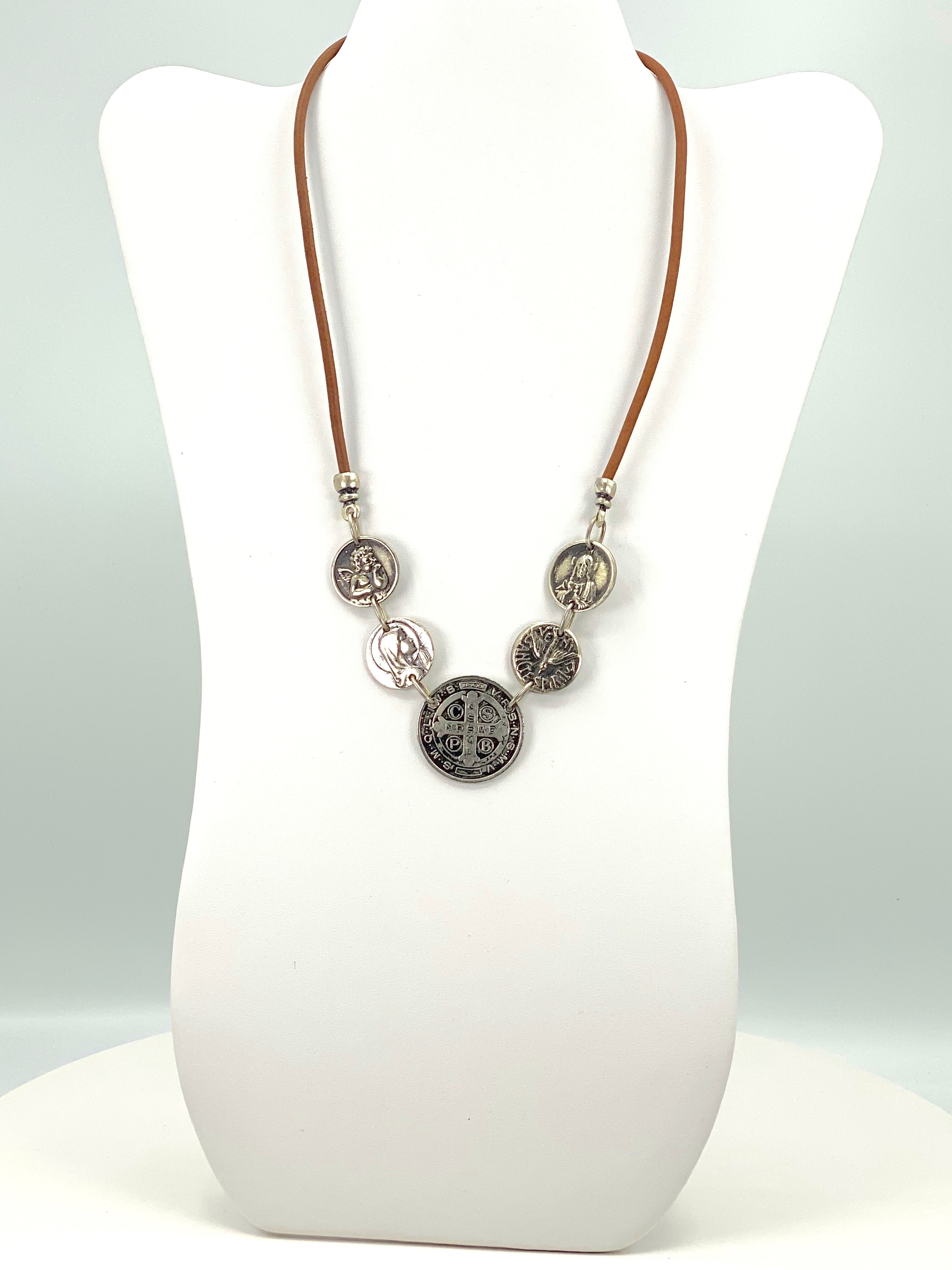 Vintage Necklace of St. Benedict, Virgin Mary, Sacred Heart of Jesus, Holy Spirit and Guardian Angel - Handmade Jewelry with Genuine Leather Strap by Graciela's Collection