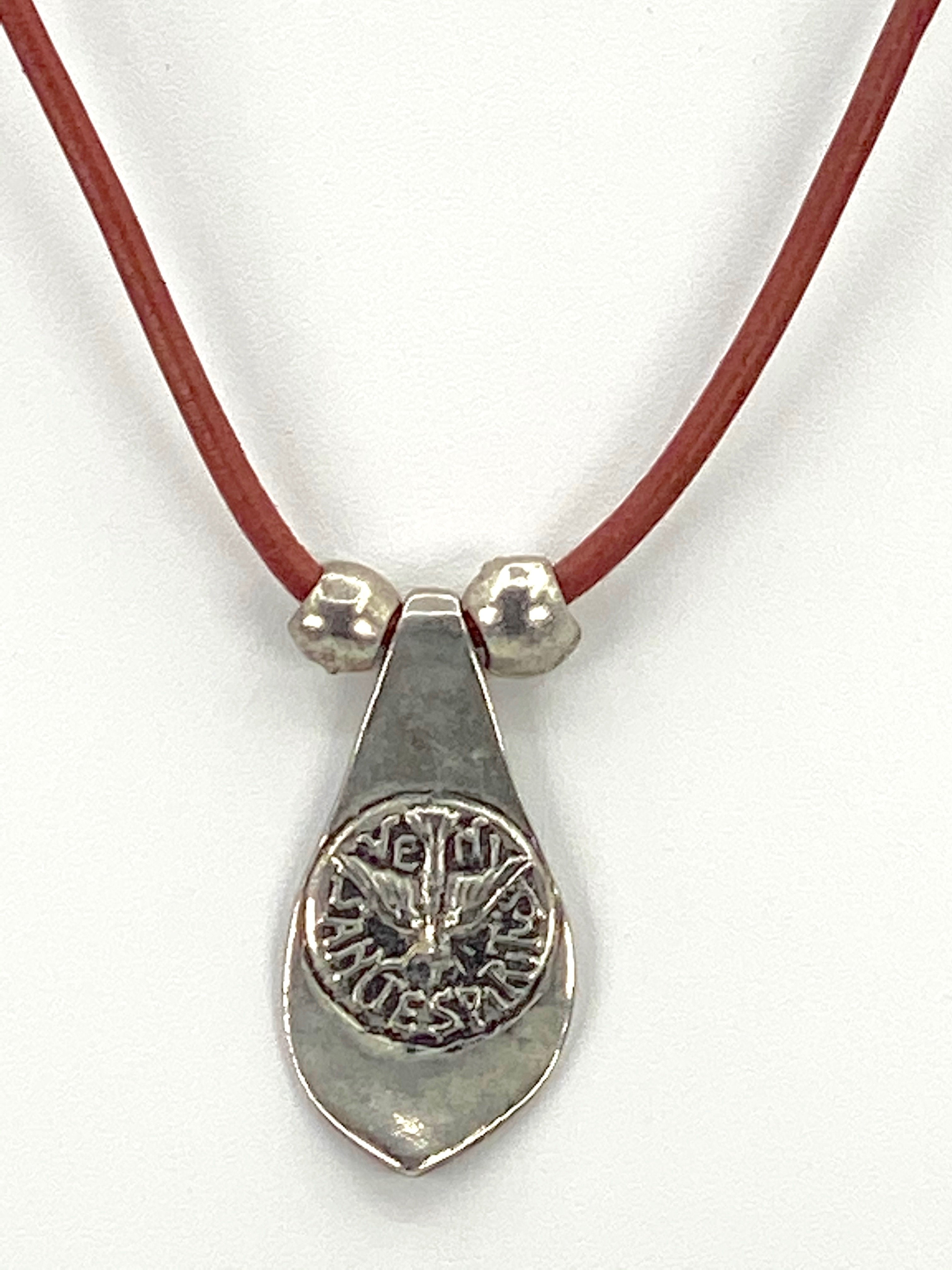 Vintage The Holy Spirit Necklace Handmade Jewelry with Genuine Leather Stap by Graciela's Collection