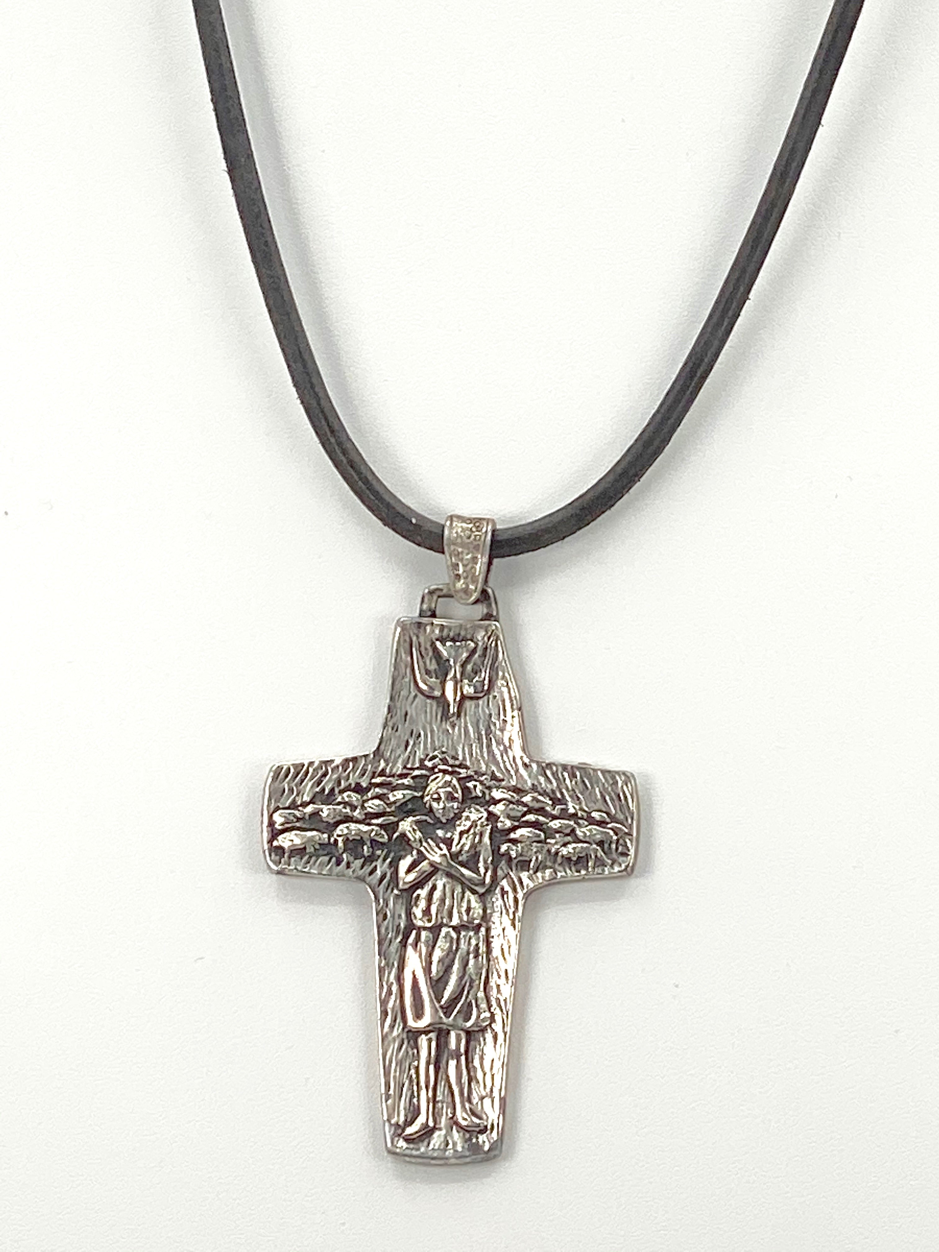 Vintage Necklace of the Good Sheppard Handmade Jewelry with Genuine Leather Strap by Graciela's Collection