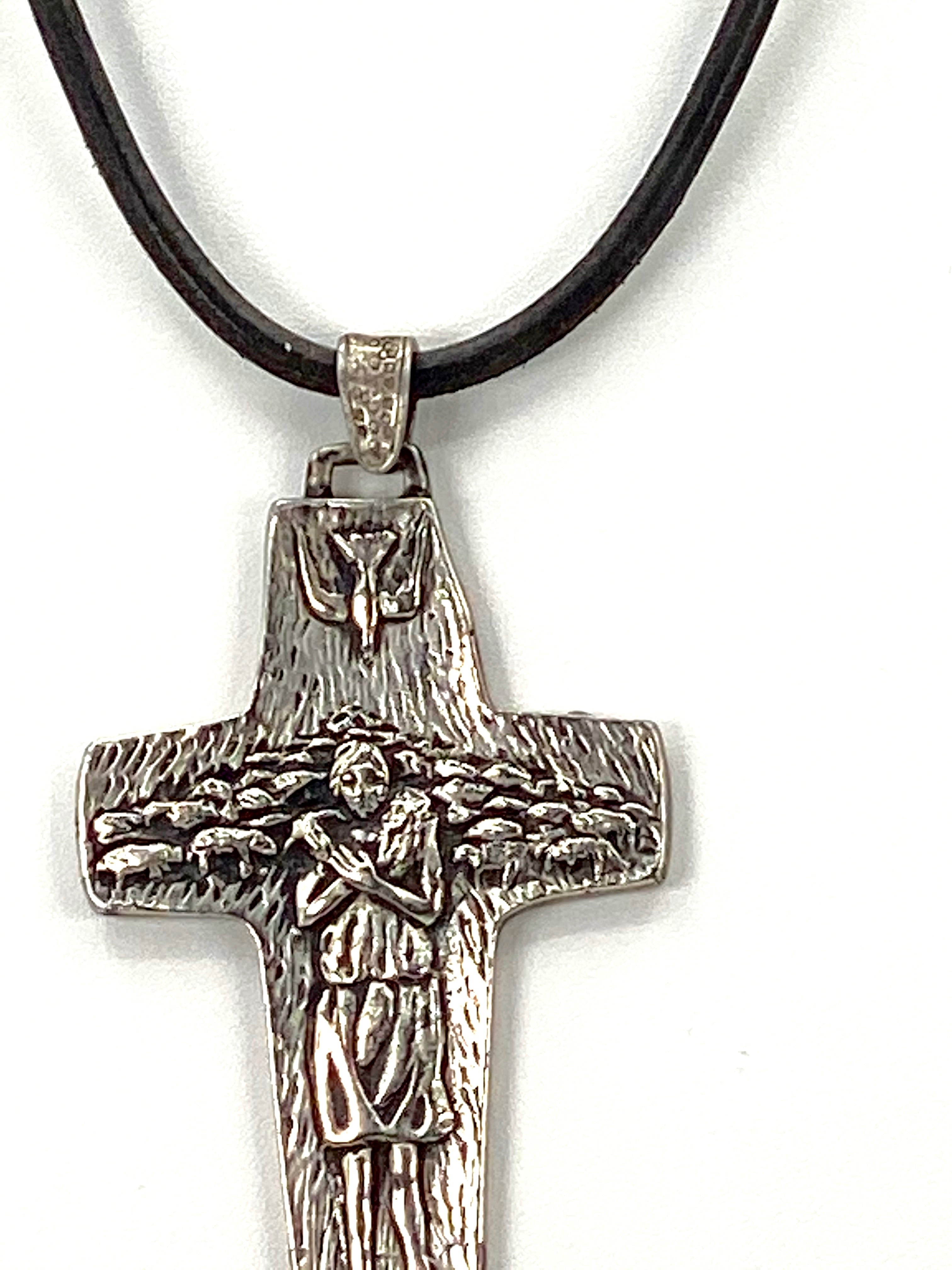 Vintage Necklace of the Good Sheppard Handmade Jewelry with Genuine Leather Strap by Graciela's Collection