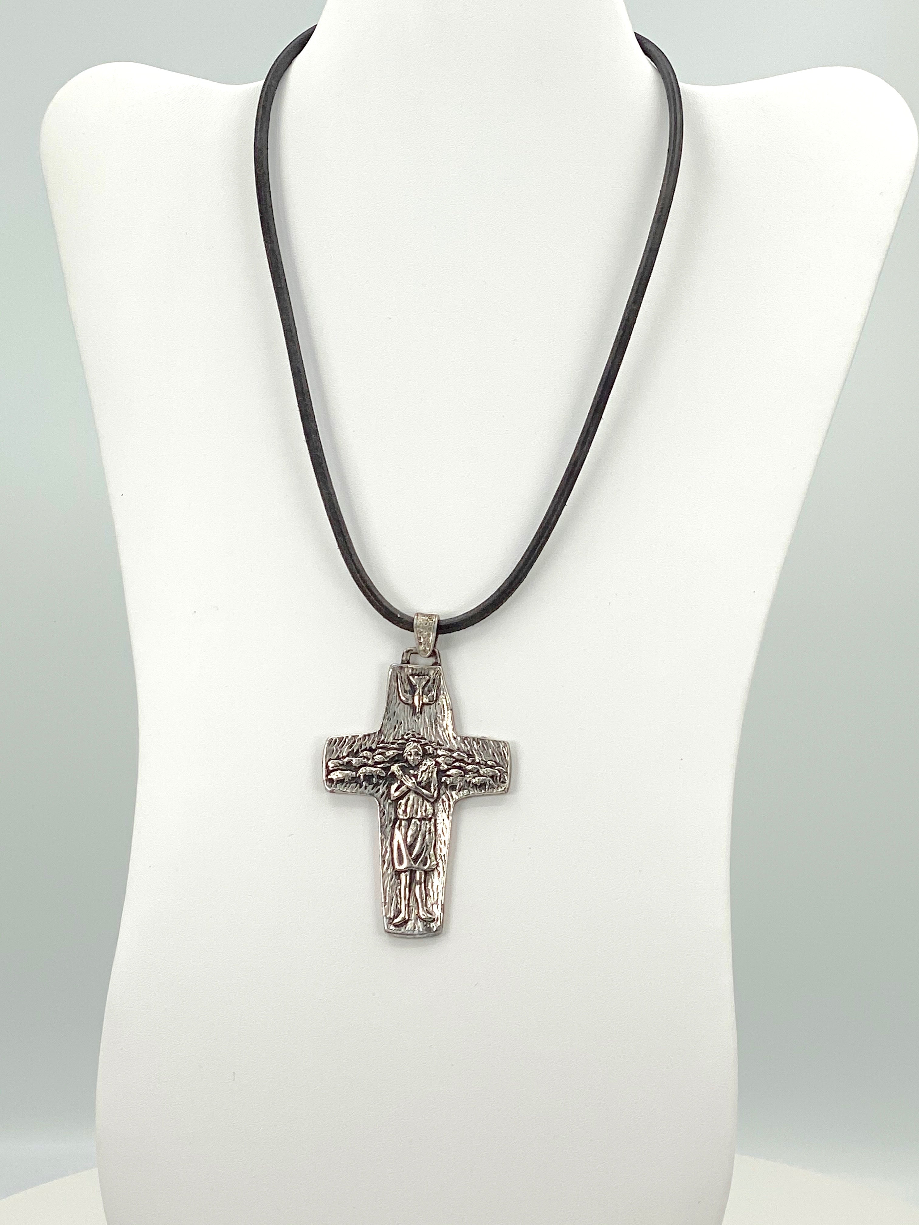 Vintage Necklace of the Good Sheppard Handmade Jewelry with Genuine Leather Strap by Graciela's Collection