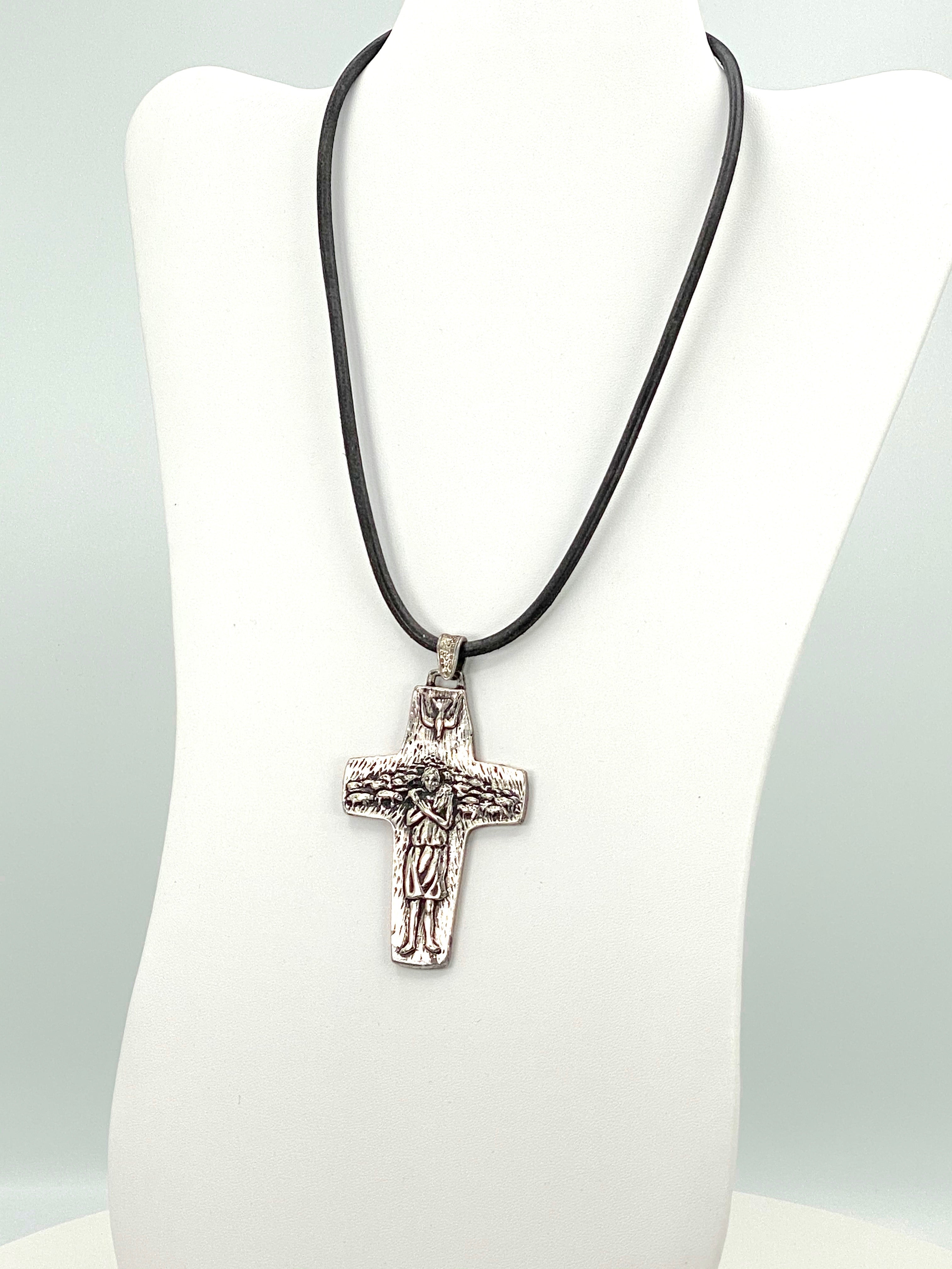 Vintage Necklace of the Good Sheppard Handmade Jewelry with Genuine Leather Strap by Graciela's Collection