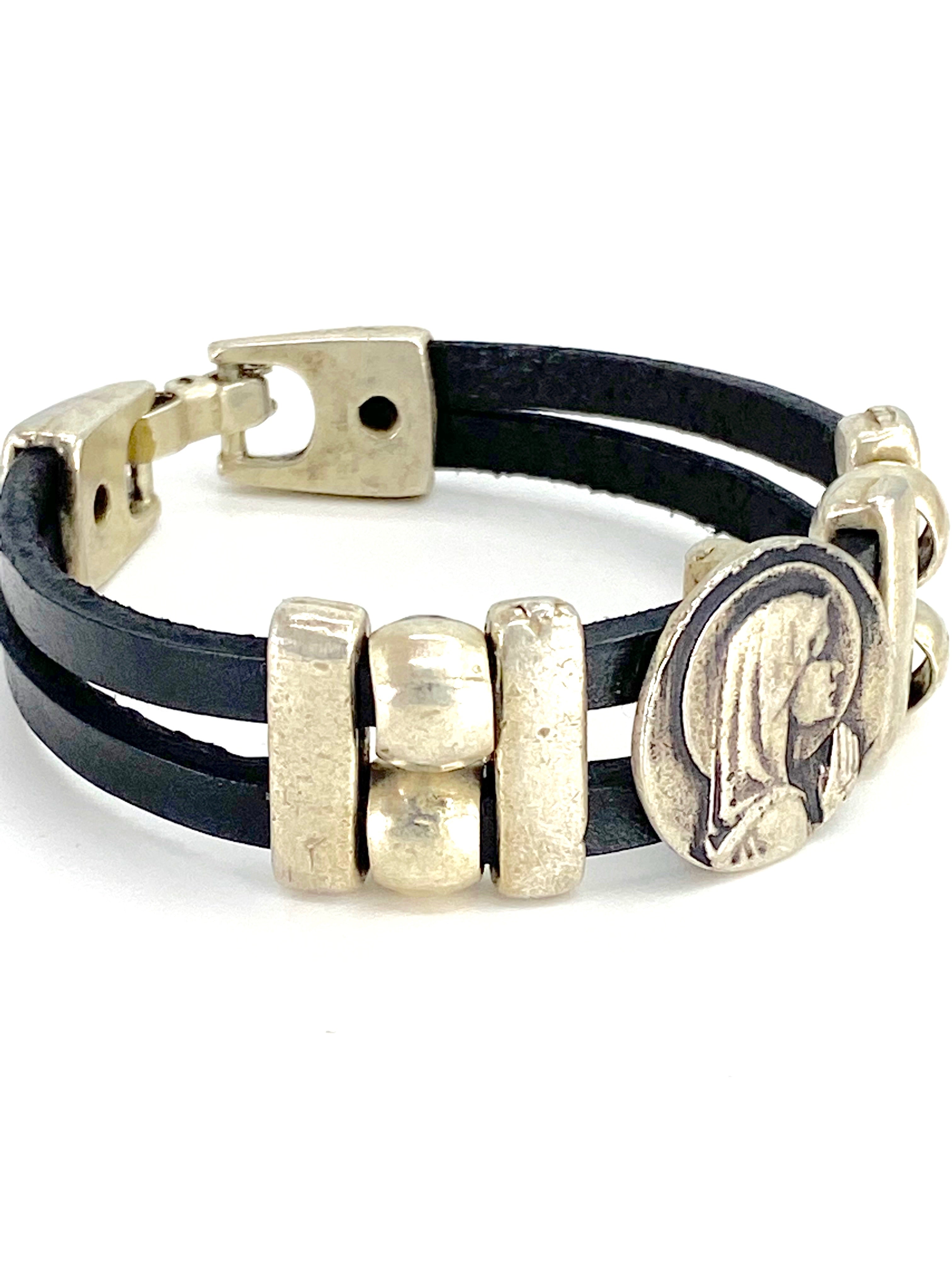 Vintage Virgen Mary bracelet handmade jewelry with Double Leather strap by Graciela's Collection