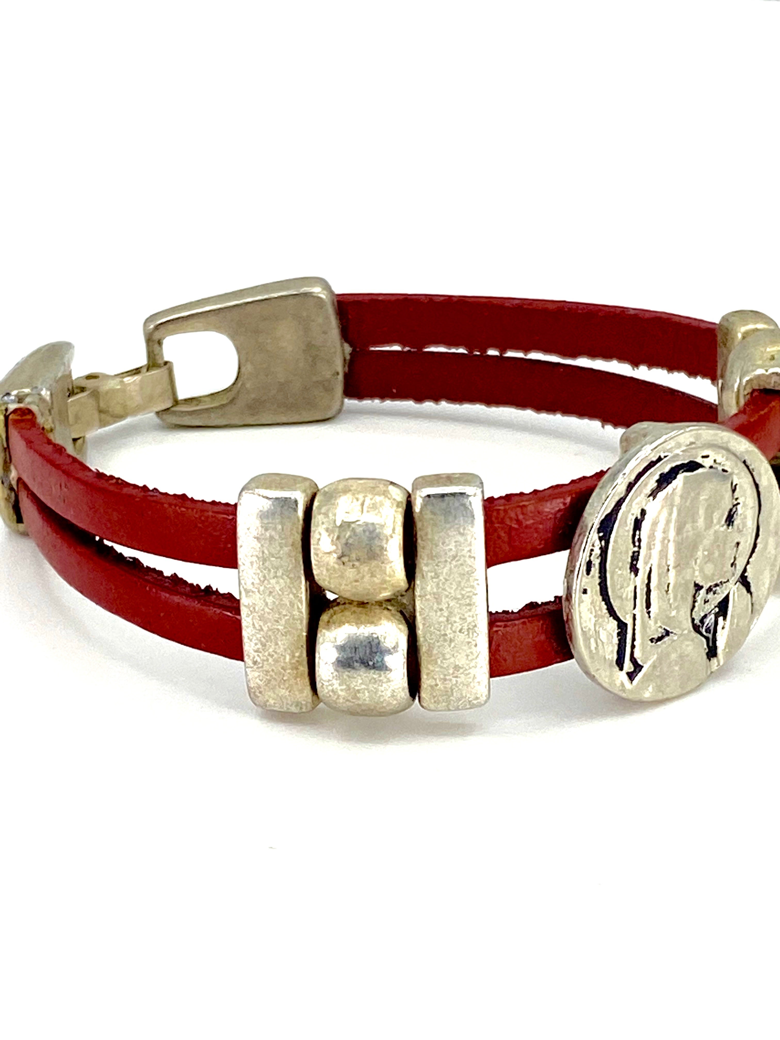 Vintage Virgen Mary bracelet handmade jewelry with Double Leather strap by Graciela's Collection