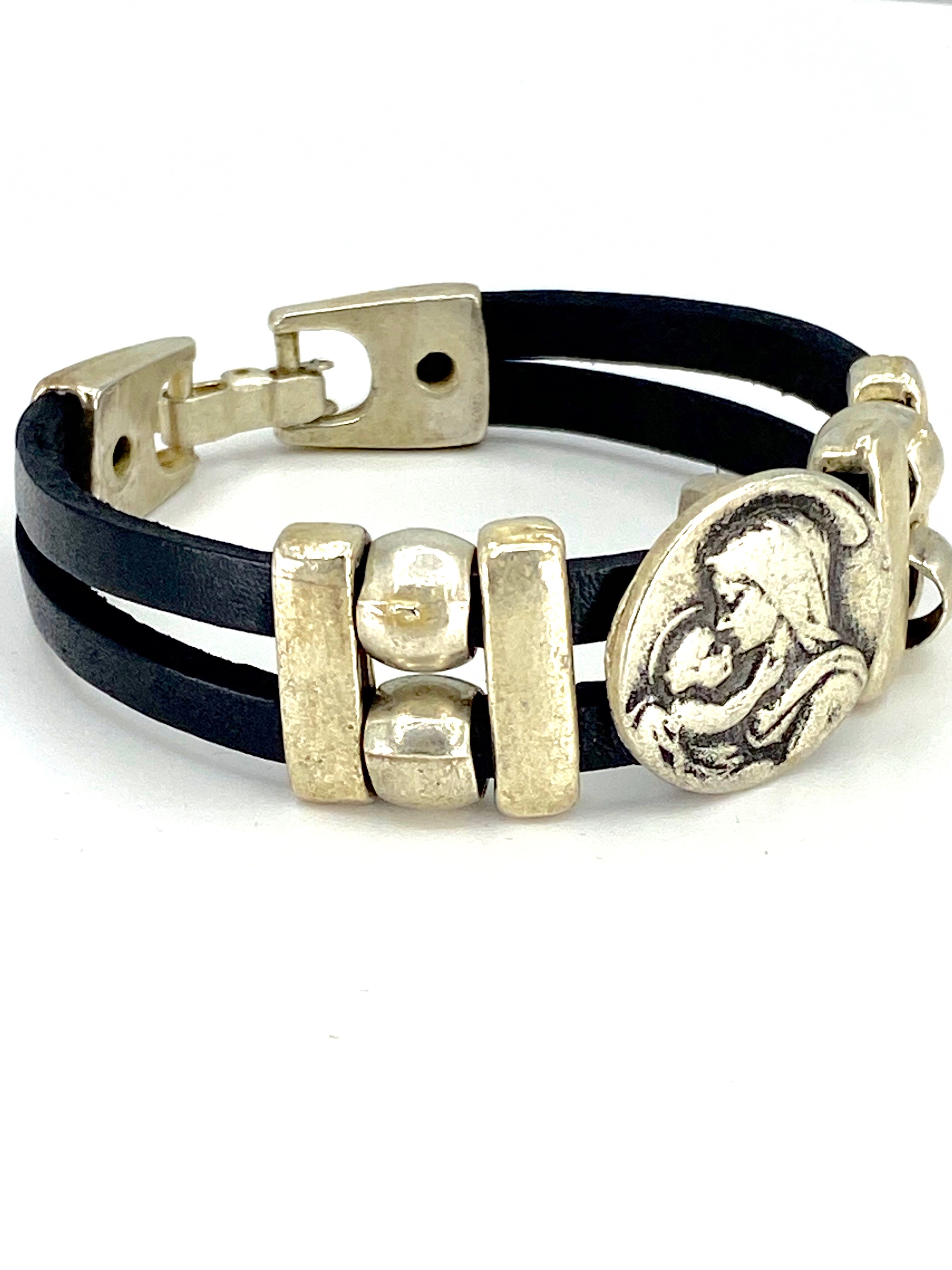 Bracelet of The Madonna and Child Jesus bracelet handmade jewelry with Double Leather Straps by Graciela's Collection