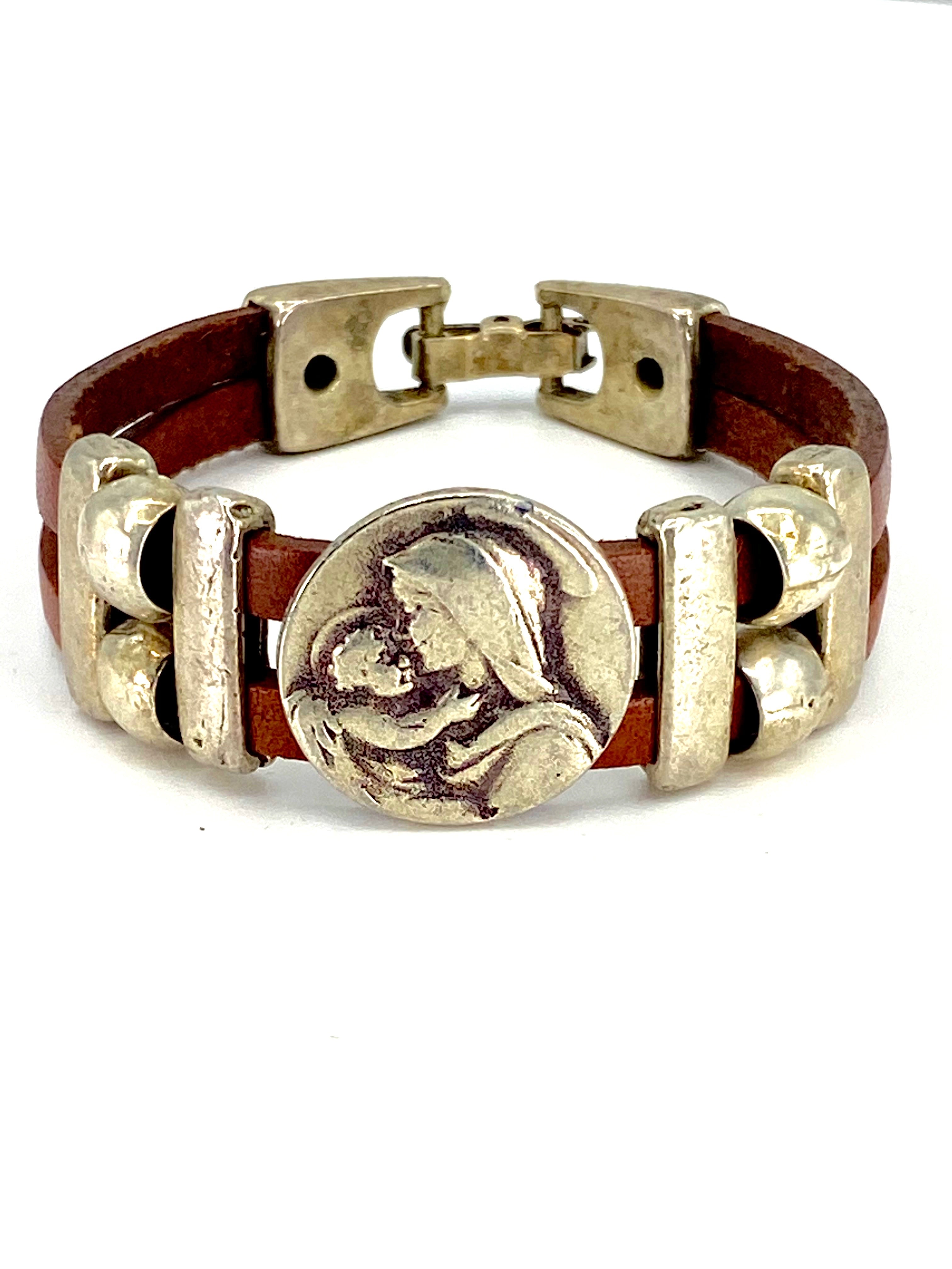 Bracelet of The Madonna and Child Jesus bracelet handmade jewelry with Double Leather Straps by Graciela's Collection