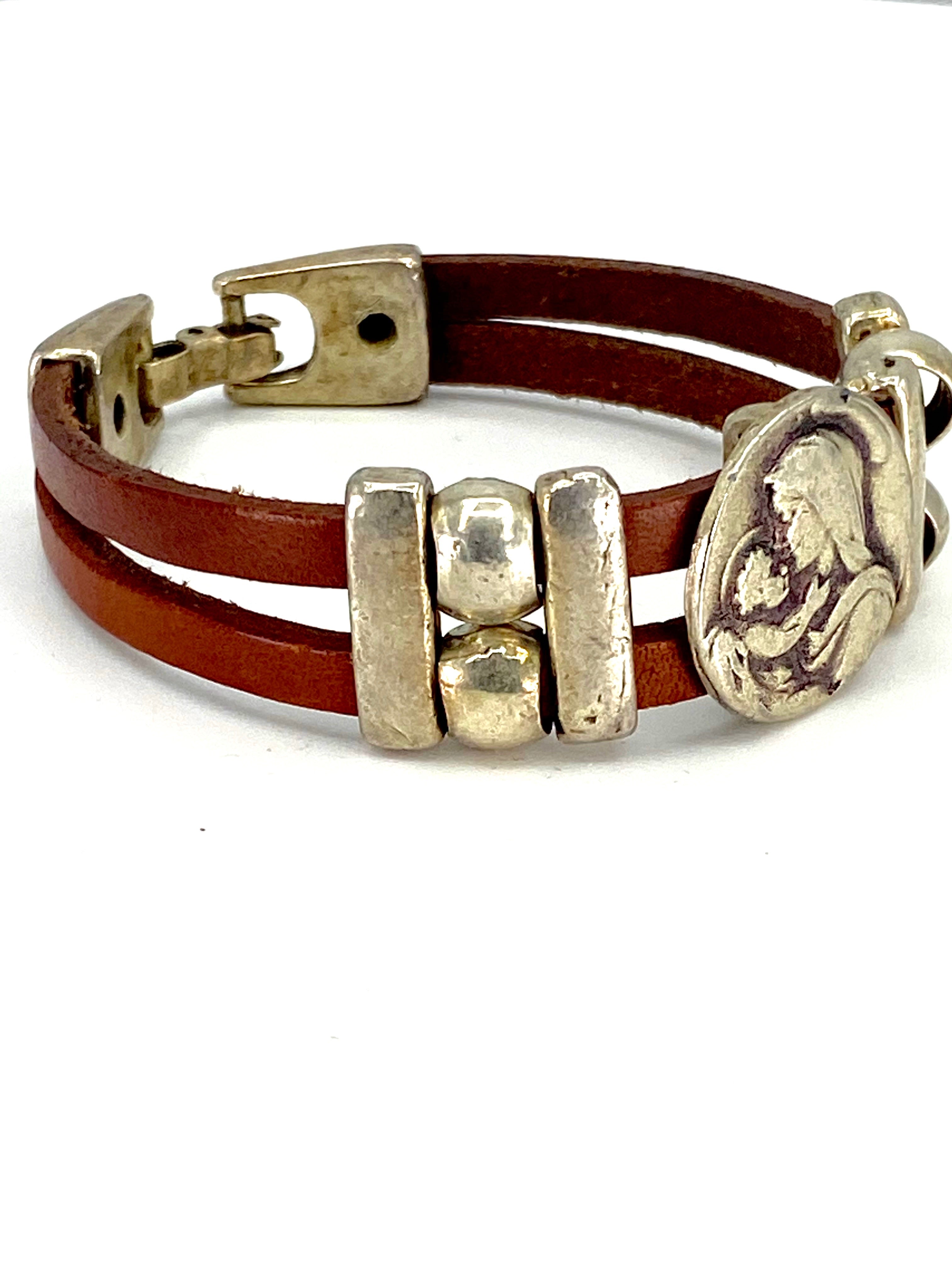 Bracelet of The Madonna and Child Jesus bracelet handmade jewelry with Double Leather Straps by Graciela's Collection