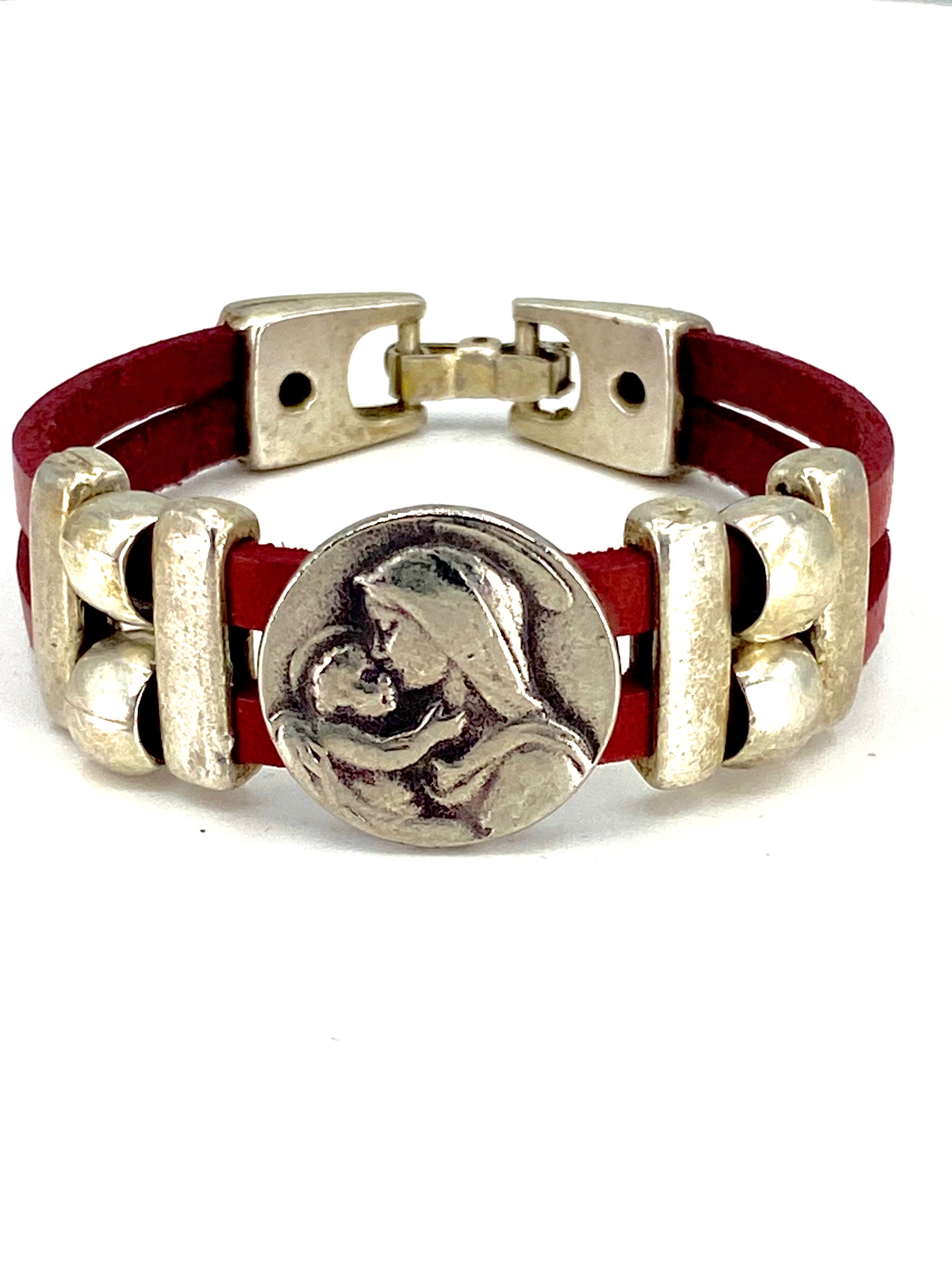 Bracelet of The Madonna and Child Jesus bracelet handmade jewelry with Double Leather Straps by Graciela's Collection