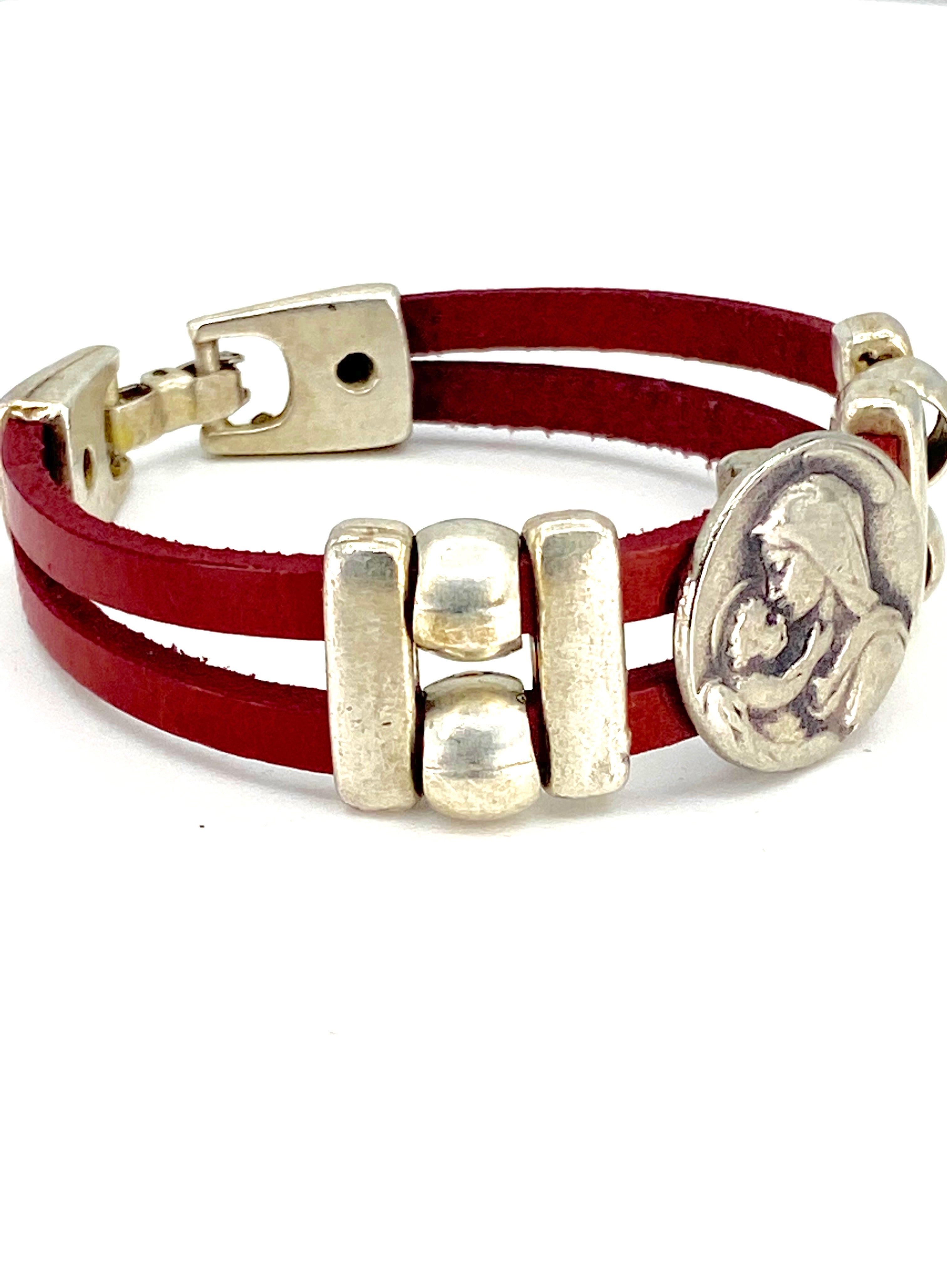 Bracelet of The Madonna and Child Jesus bracelet handmade jewelry with Double Leather Straps by Graciela's Collection