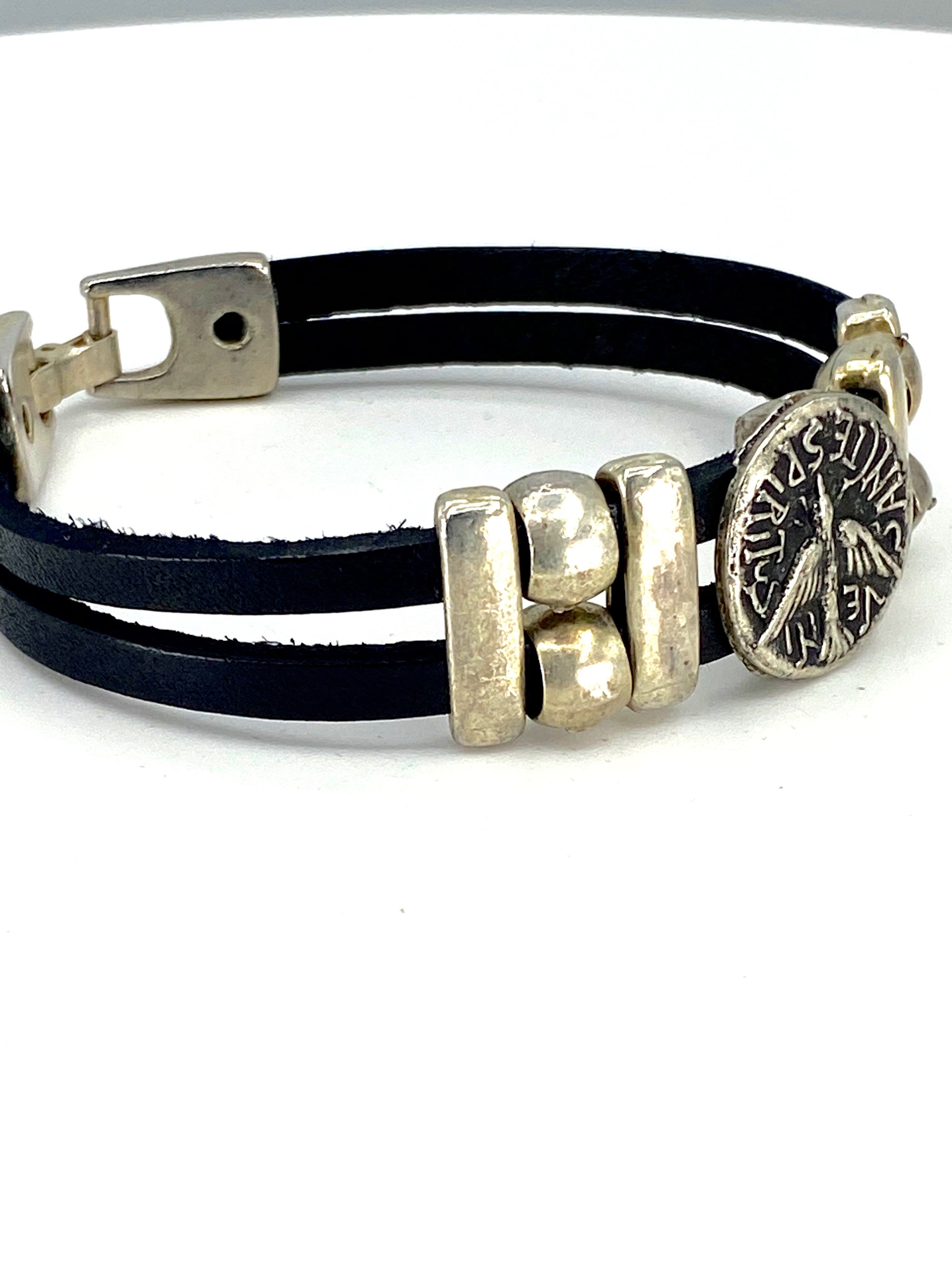 Vintage The Holy Spirit Bracelet handmade jewelry with Leather straps by Graciela's Collection