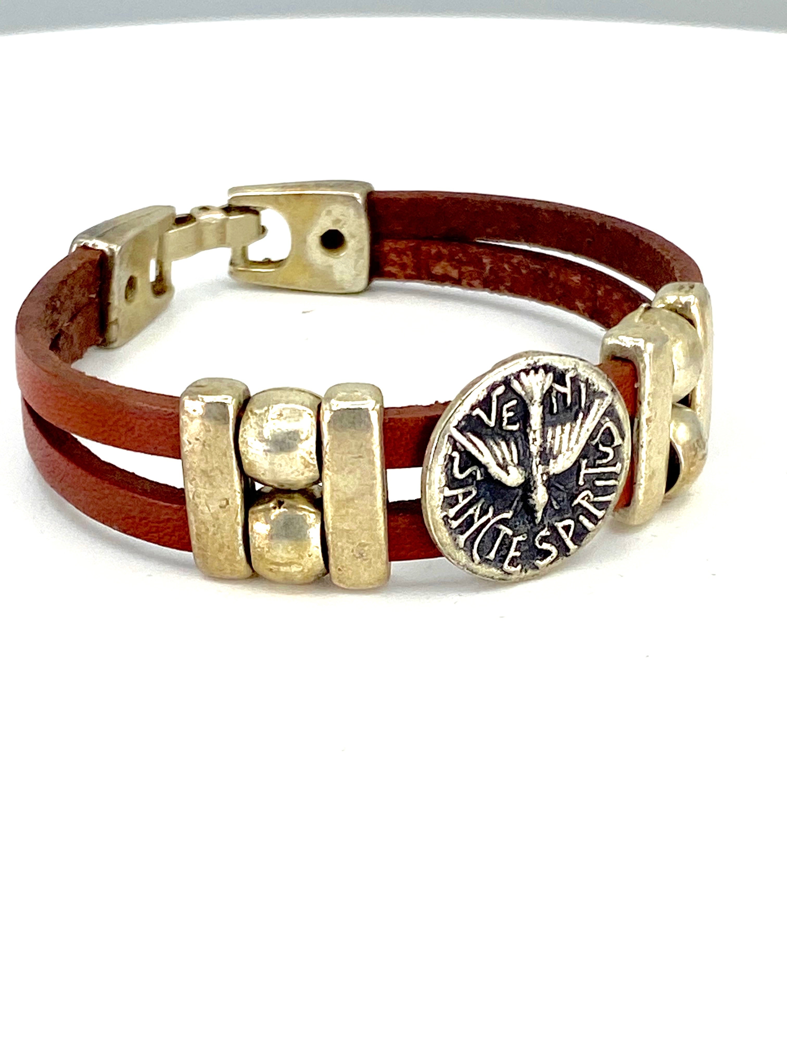 Vintage The Holy Spirit Bracelet handmade jewelry with Leather straps by Graciela's Collection