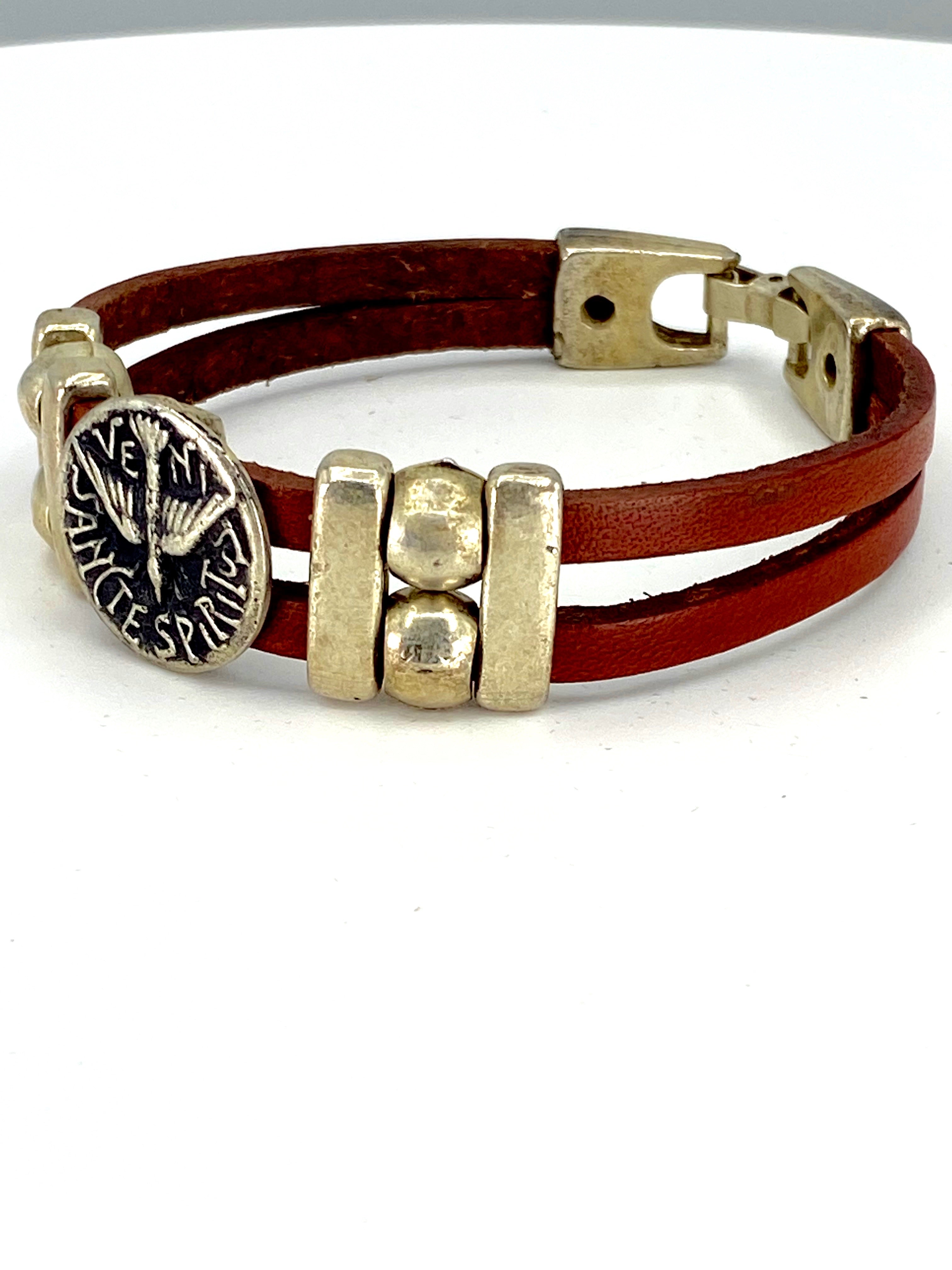 Vintage The Holy Spirit Bracelet handmade jewelry with Leather straps by Graciela's Collection