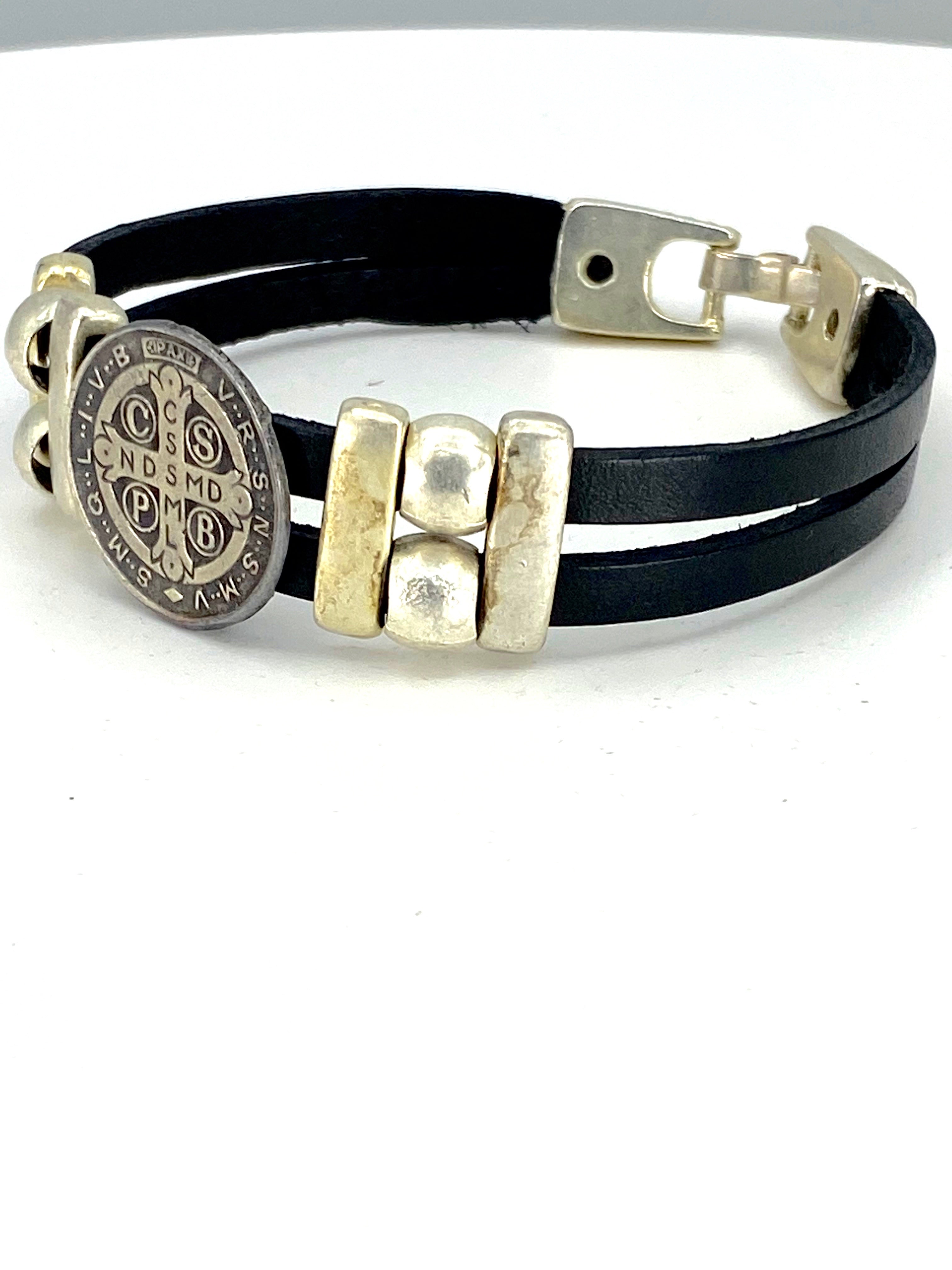 Vintage St. Benedict bracelet handmade jewelry with Double Leather Straps by Graciela's Collection