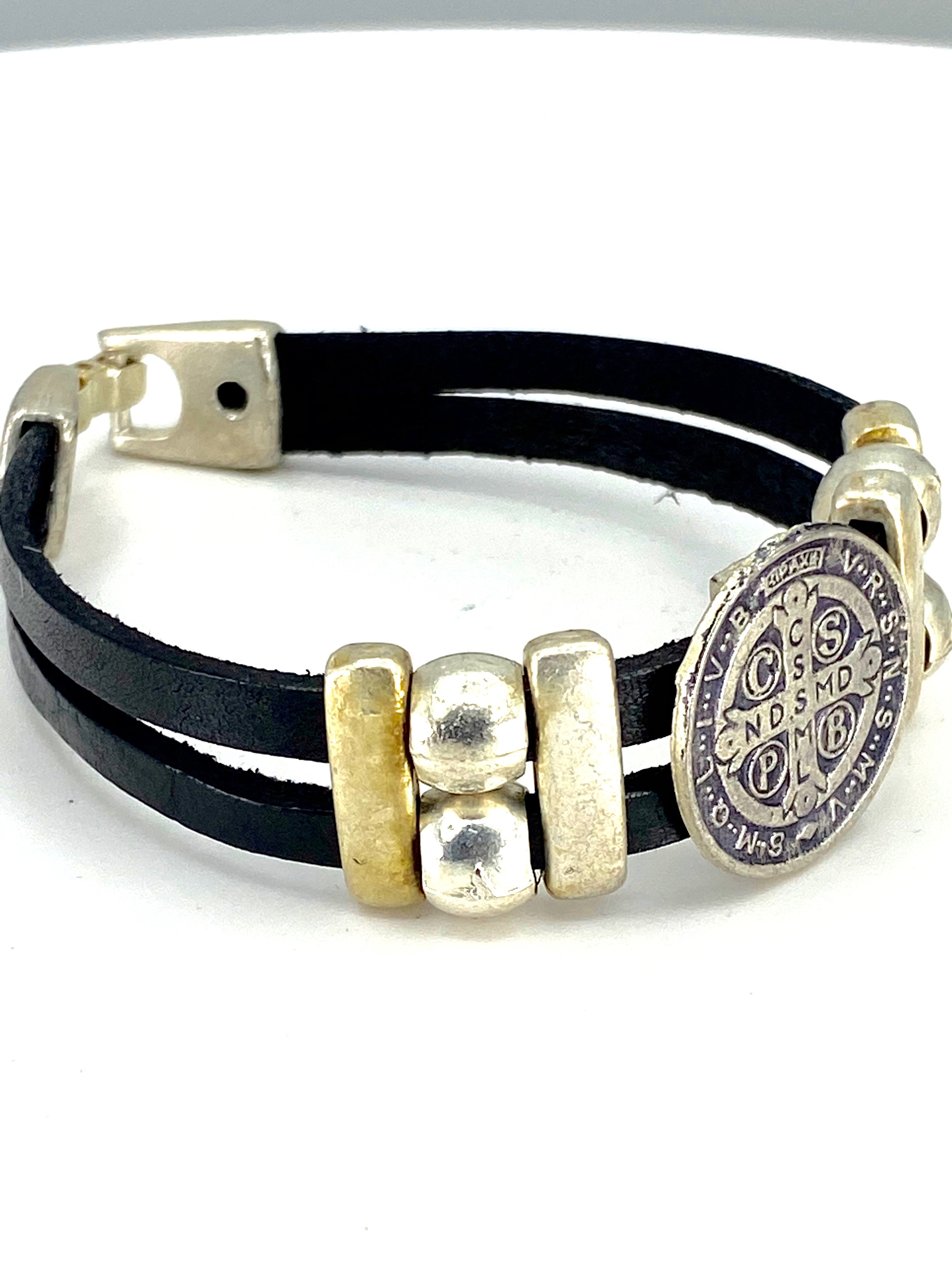 Vintage St. Benedict bracelet handmade jewelry with Double Leather Straps by Graciela's Collection