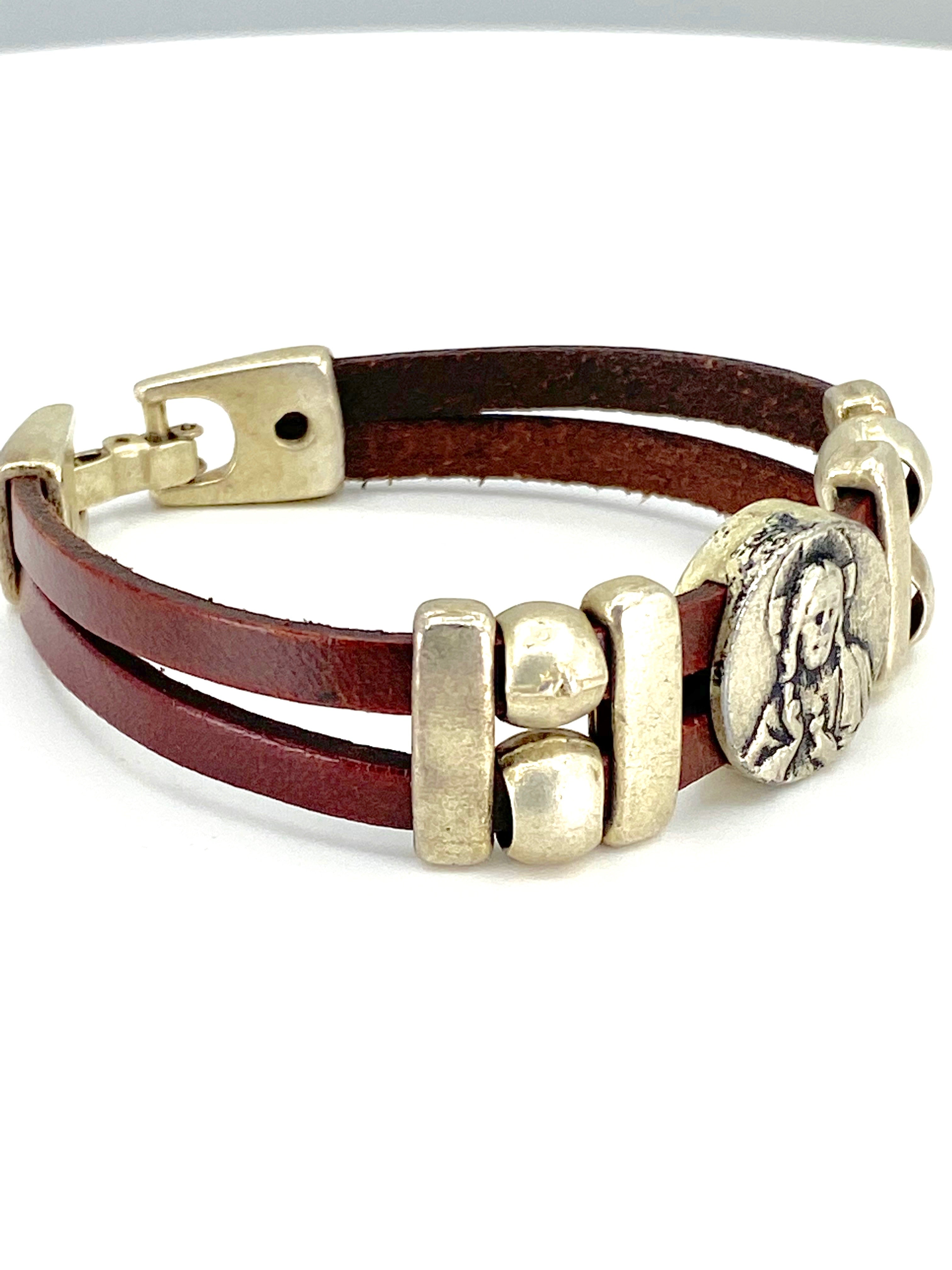 Vintage Sacred Heart bracelet handmade jewelry with Genuine Double Leather straps by Graciela's Collection
