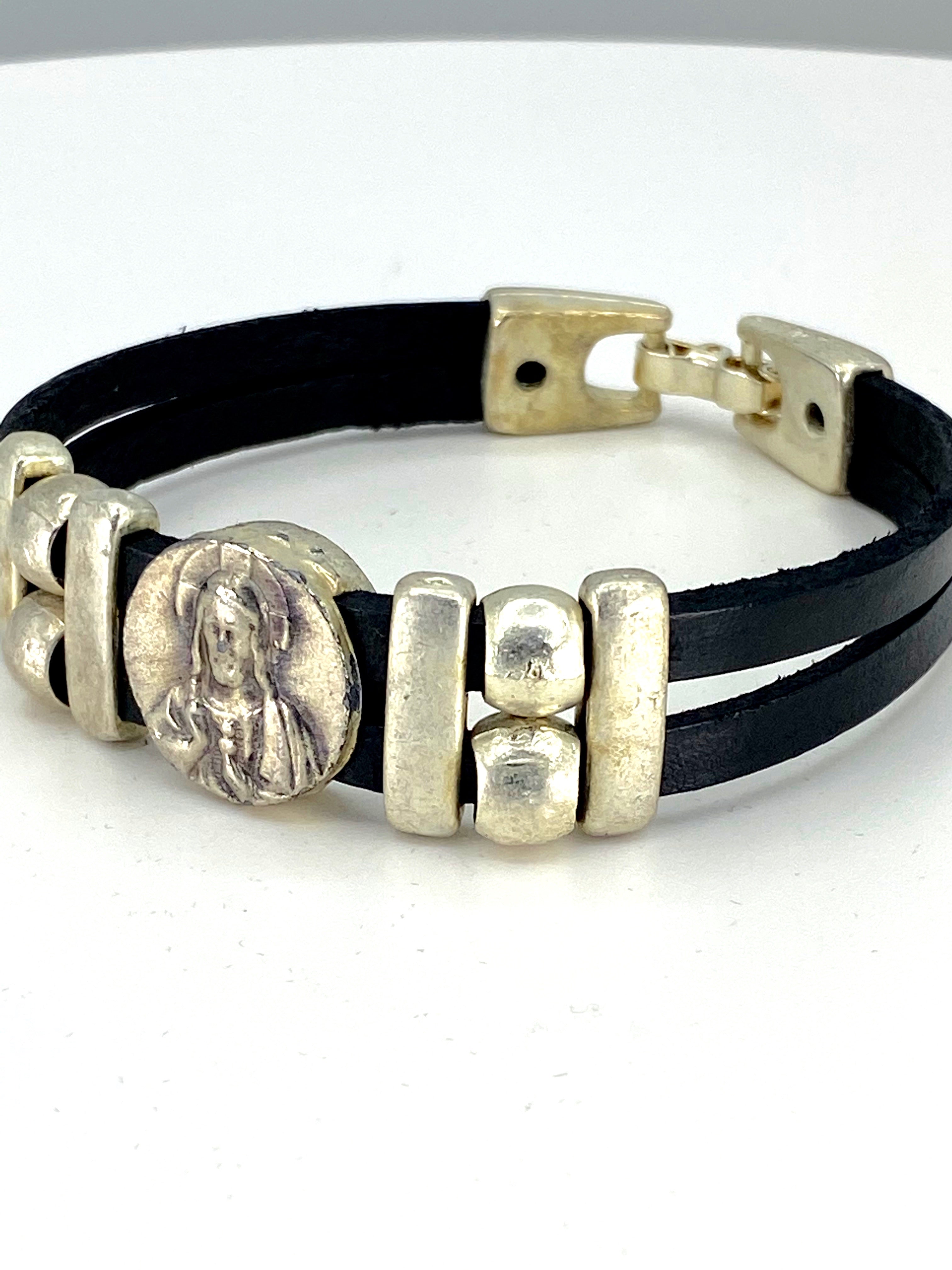 Vintage Sacred Heart bracelet handmade jewelry with Genuine Double Leather straps by Graciela's Collection