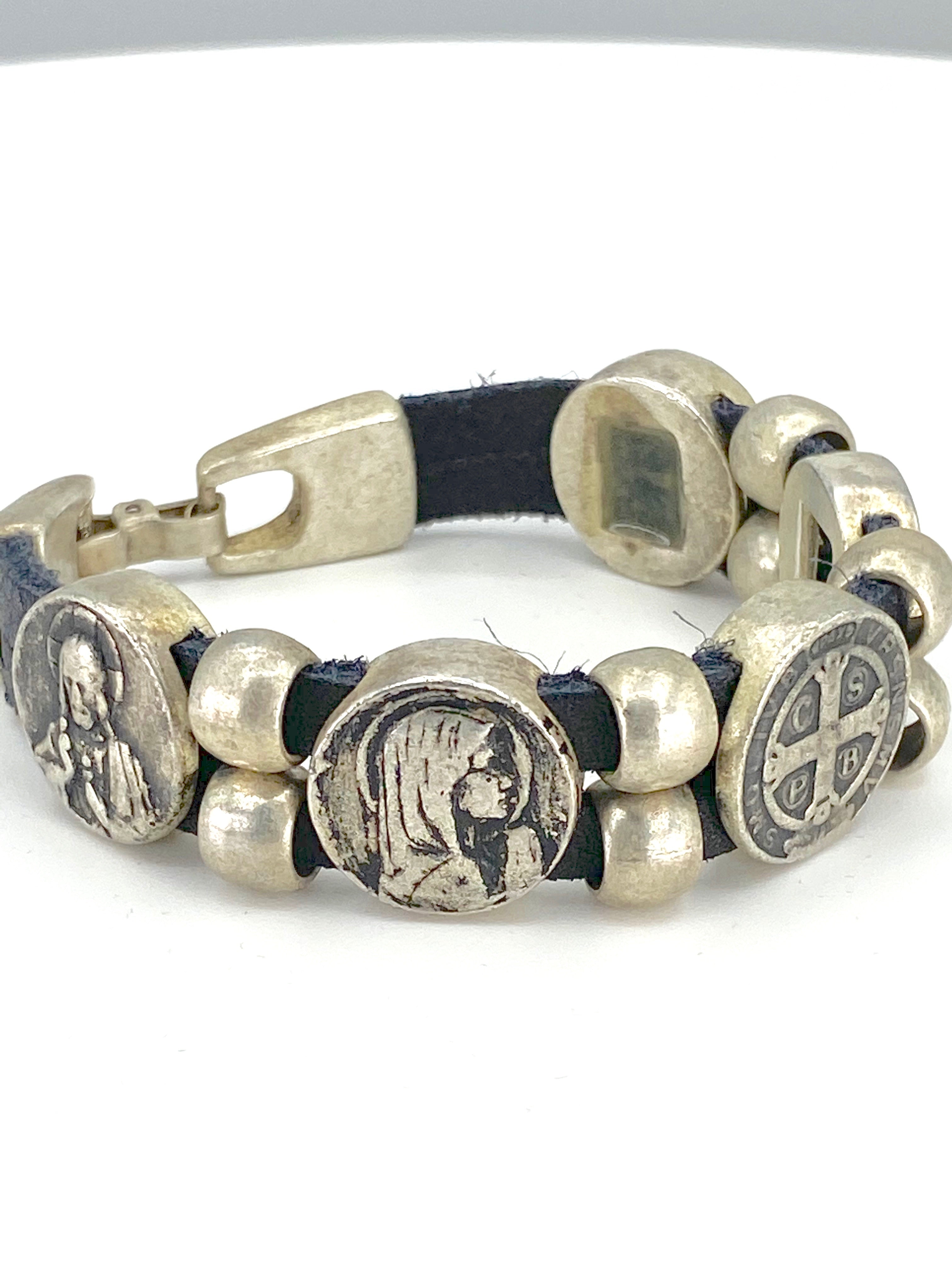 Vintage Bracelet with Double Leather Strap and Medals of The Virgen Mary, St. Benedict, Sacred Heart of Jesus, Guardian Angel, and Holy Spirit handmade jewelry by Graciela's Collection