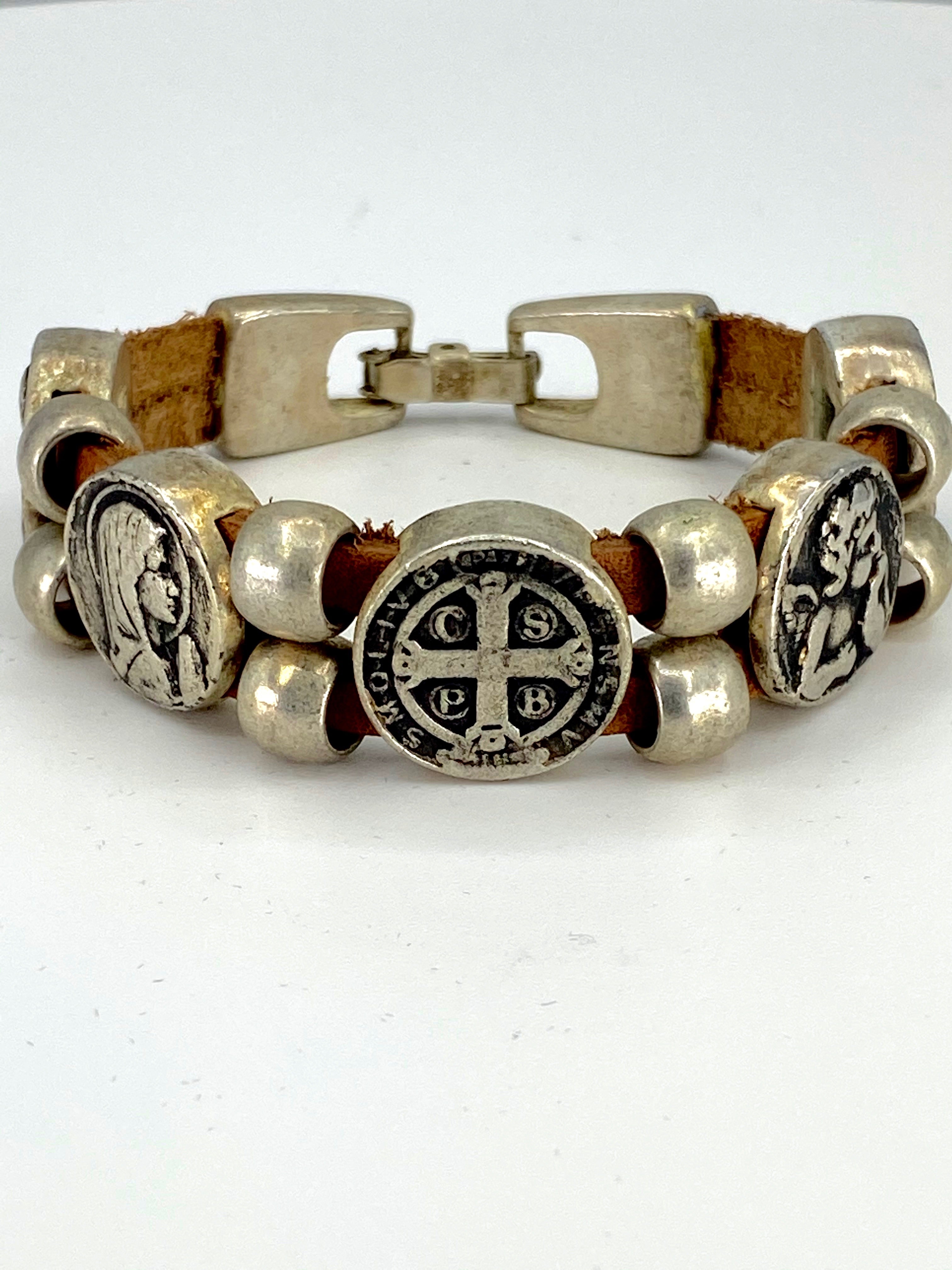 Vintage Bracelet with Double Leather Strap and Medals of The Virgen Mary, St. Benedict, Sacred Heart of Jesus, Guardian Angel, and Holy Spirit handmade jewelry by Graciela's Collection