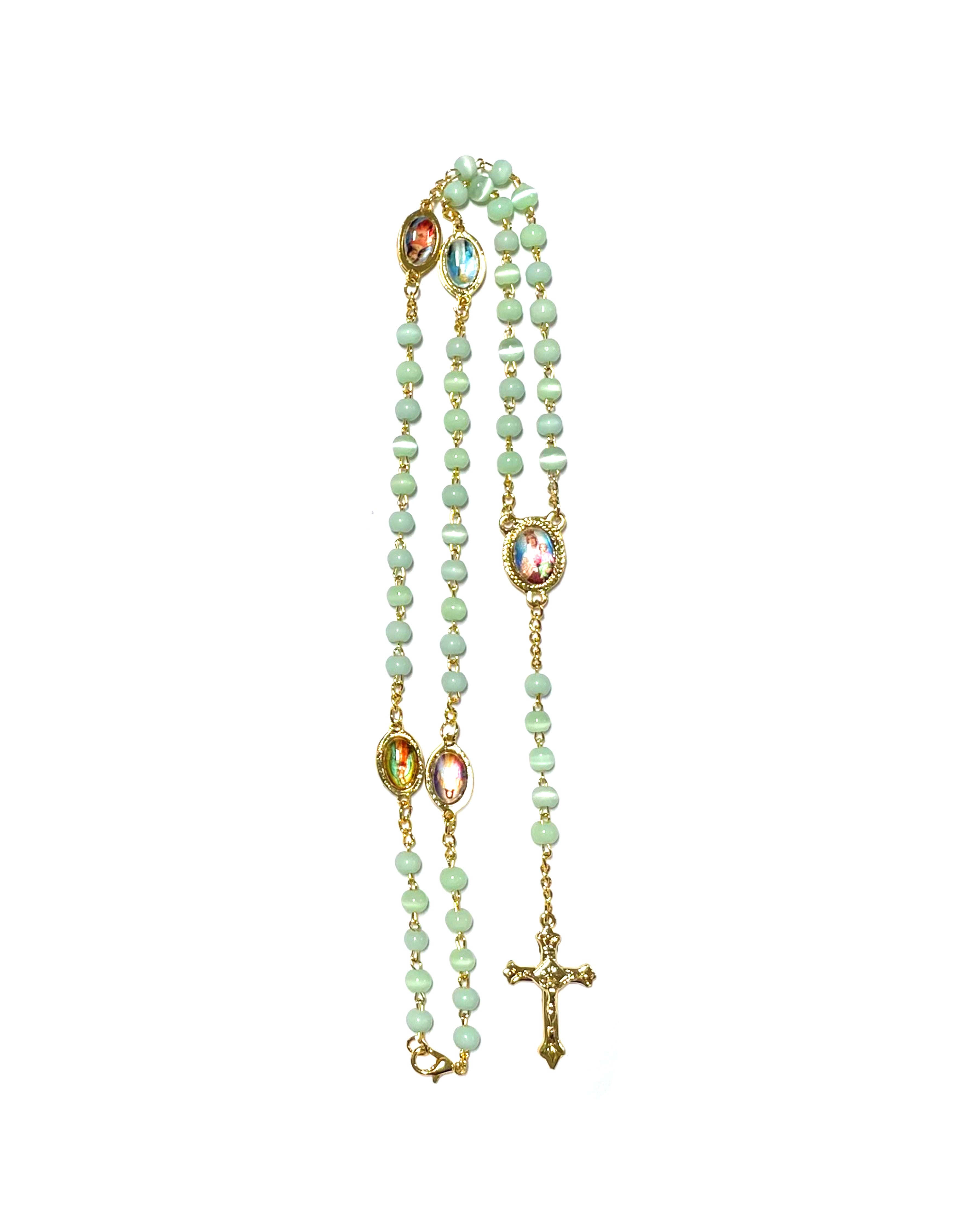 Cat's eye stone rosary with medals of various saints in each mystery